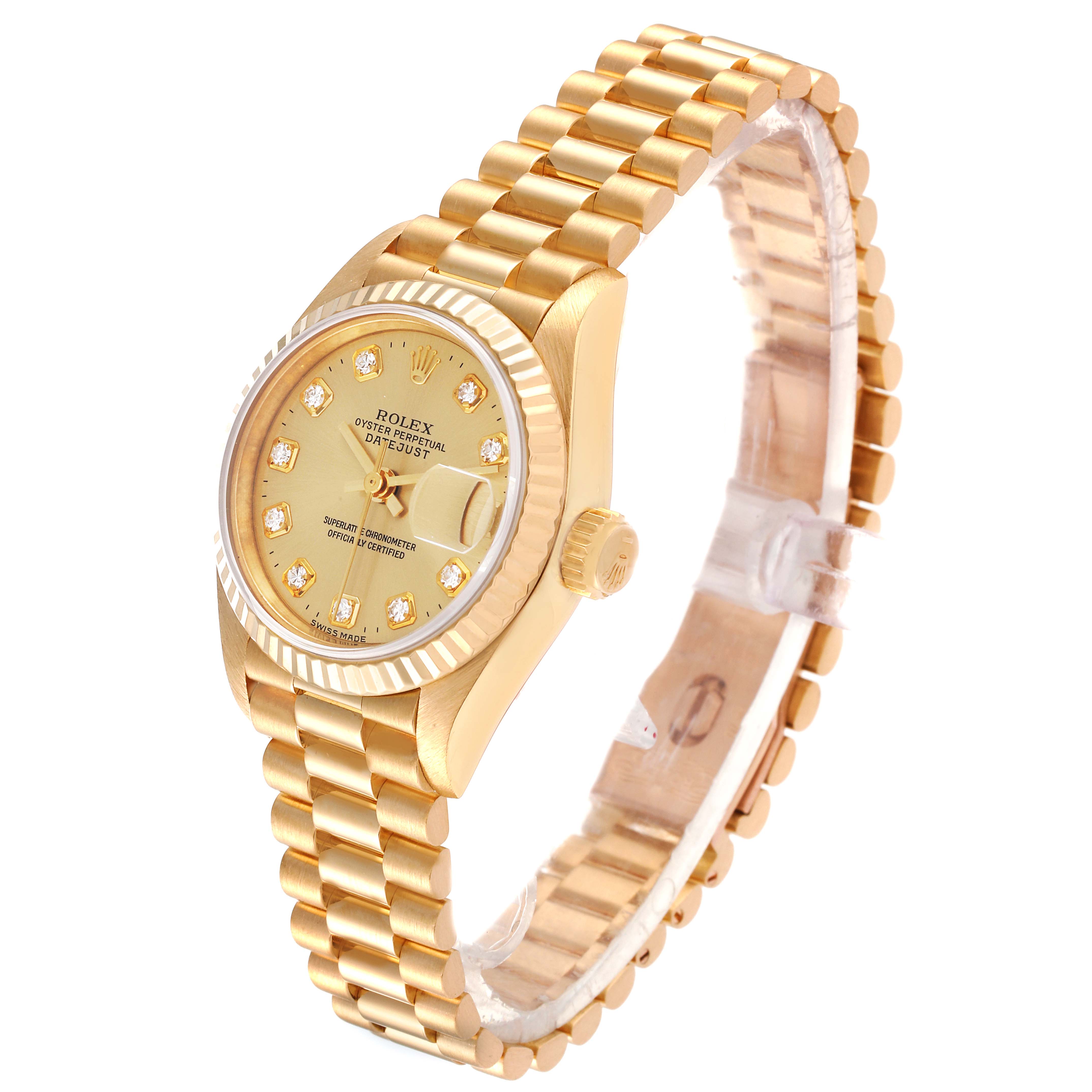 The image shows a Rolex President 69178 Women
s Yellow Gold Champagne Dial 69178 Women
s Yellow Gold Champagne Dial model watch in a three-quarter view, highlighting its gold bracelet, dial, and date display.