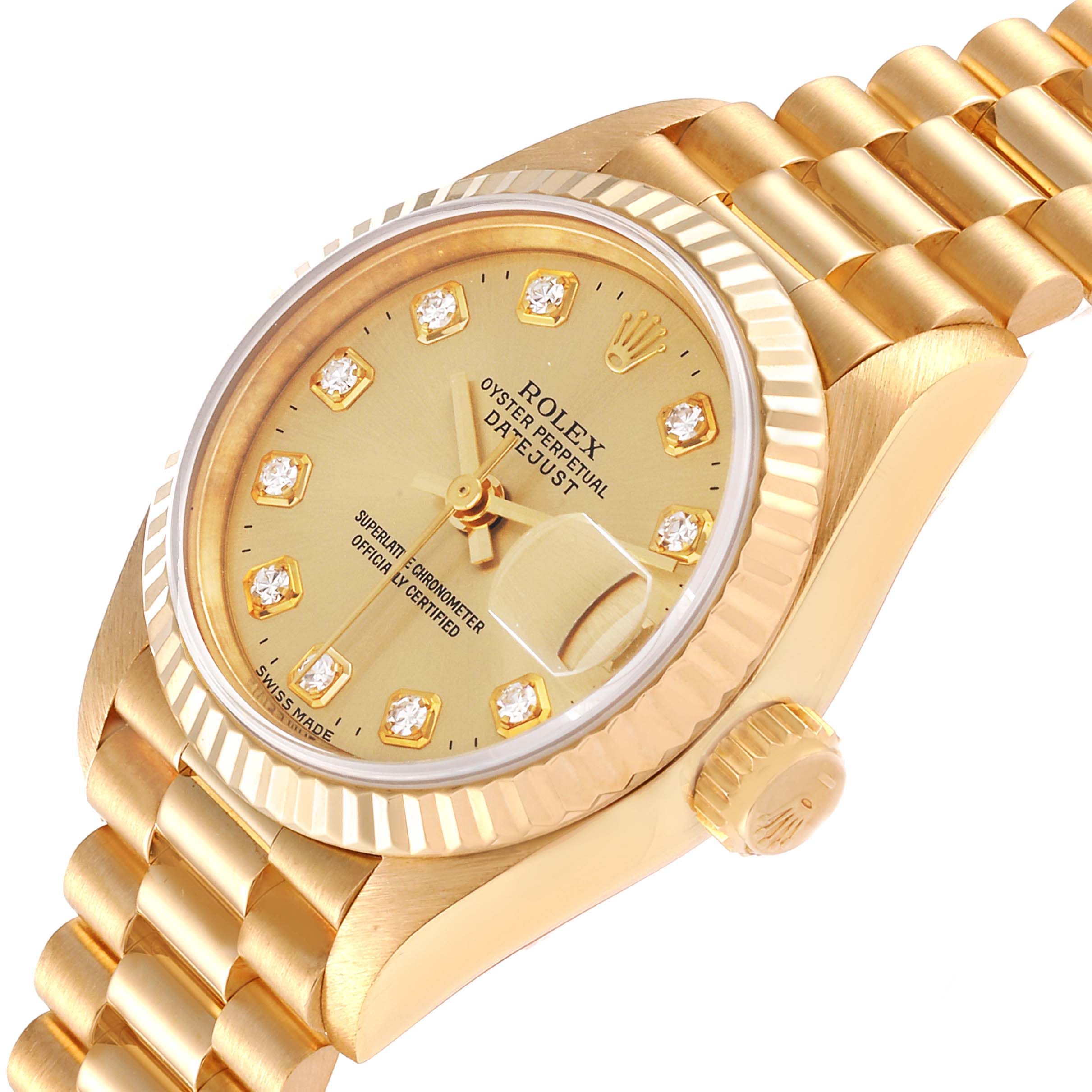 The image shows a close-up view of the Rolex President 69178 Women
s Yellow Gold Champagne Dial 69178 Women
s Yellow Gold Champagne Dial model, highlighting the gold dial, diamond hour markers, fluted bezel, crown, and the gold bracelet.