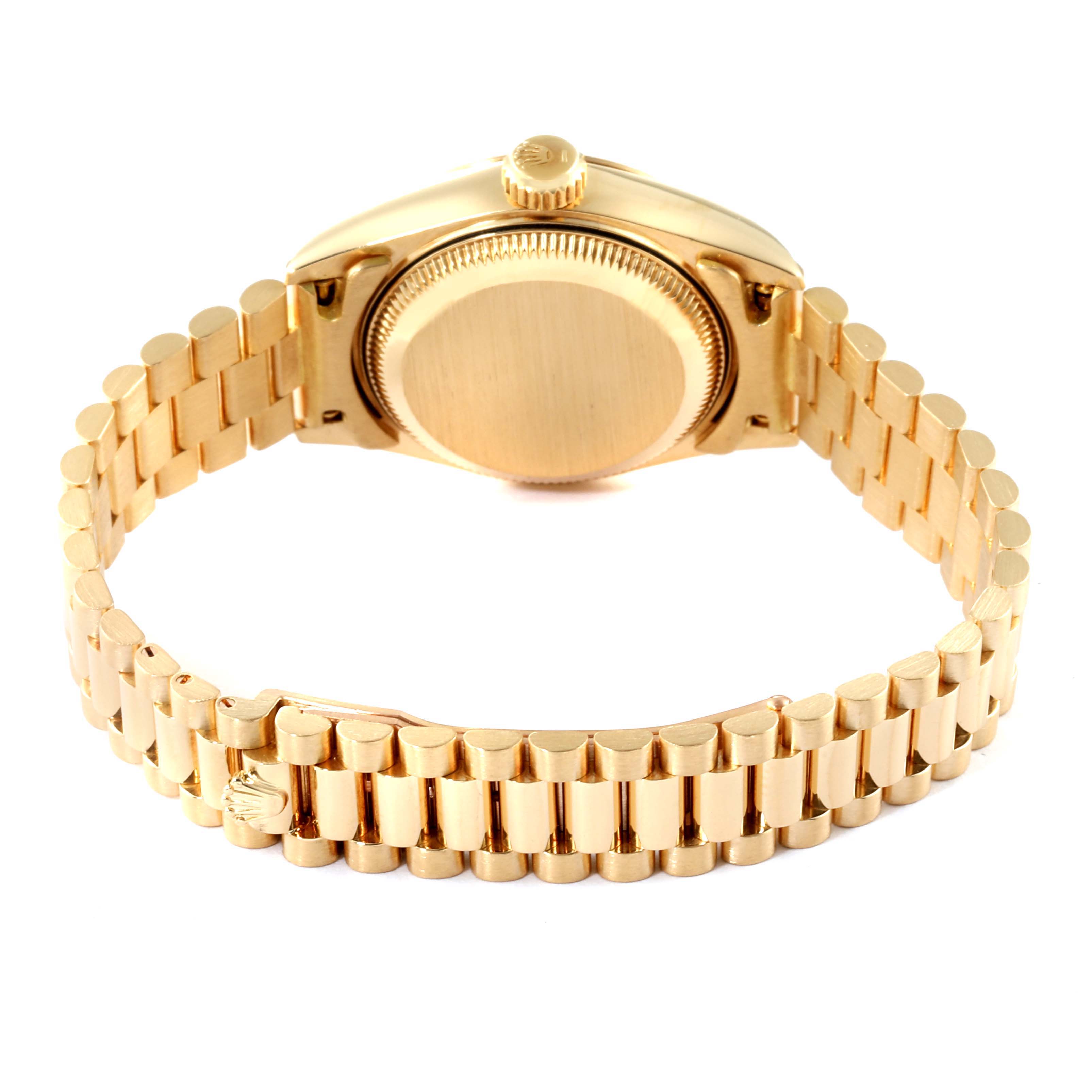 This image shows the back view of a Rolex President 69178 Women
s Yellow Gold Champagne Dial 69178 Women
s Yellow Gold Champagne Dial model watch, focusing on the case back and gold bracelet.