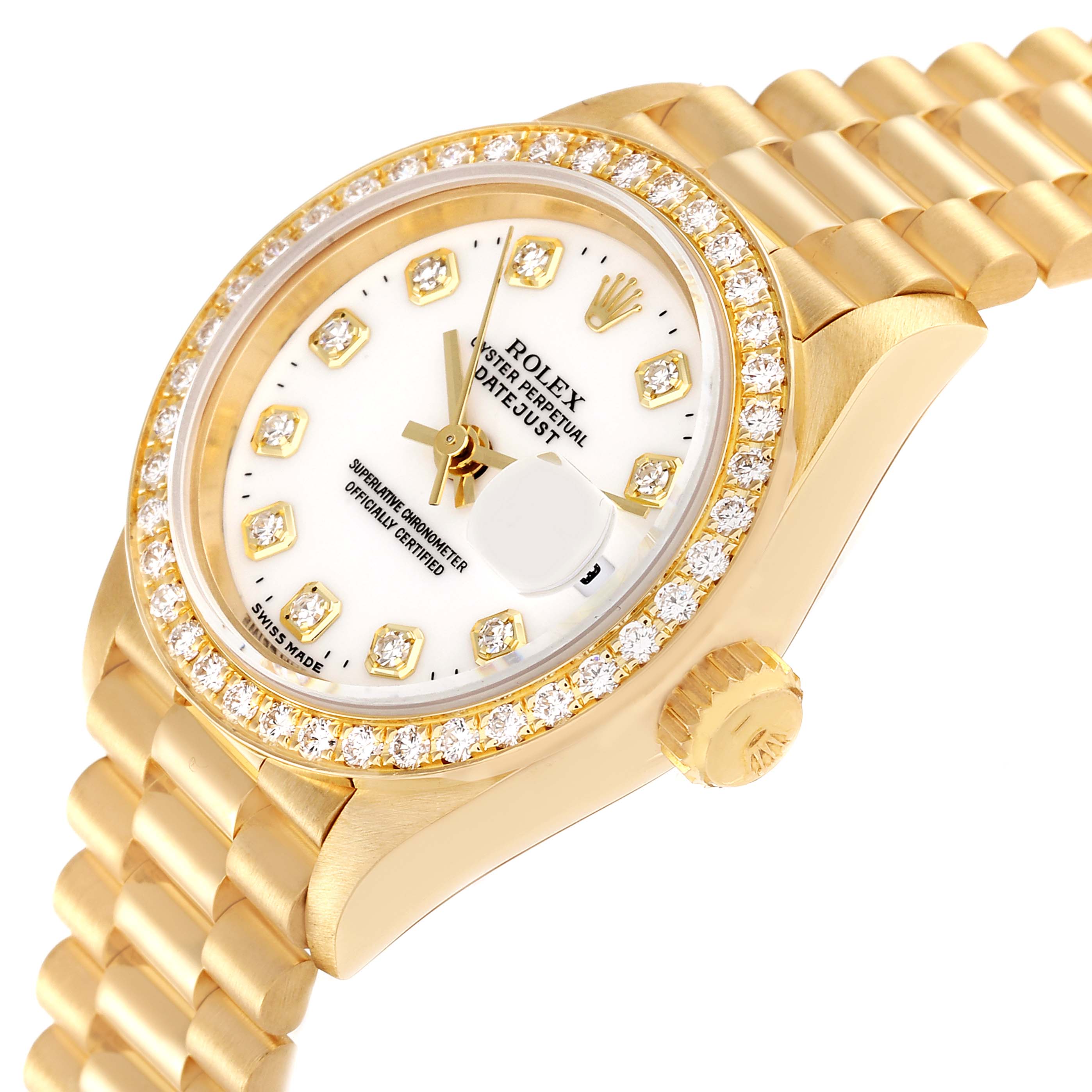 This image shows an angled view of the Rolex President 69138 Women's Yellow Gold White Dial 69138 Women's Yellow Gold White Dial model watch, displaying its face, bezel, and bracelet.