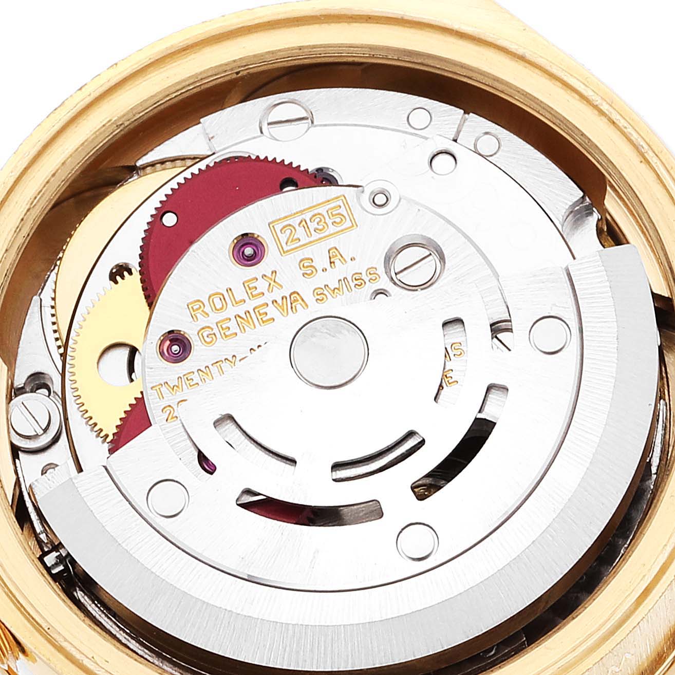 This close-up image shows the intricate movement parts of a Rolex President 69138 Women's Yellow Gold White Dial 69138 Women's Yellow Gold White Dial model watch.