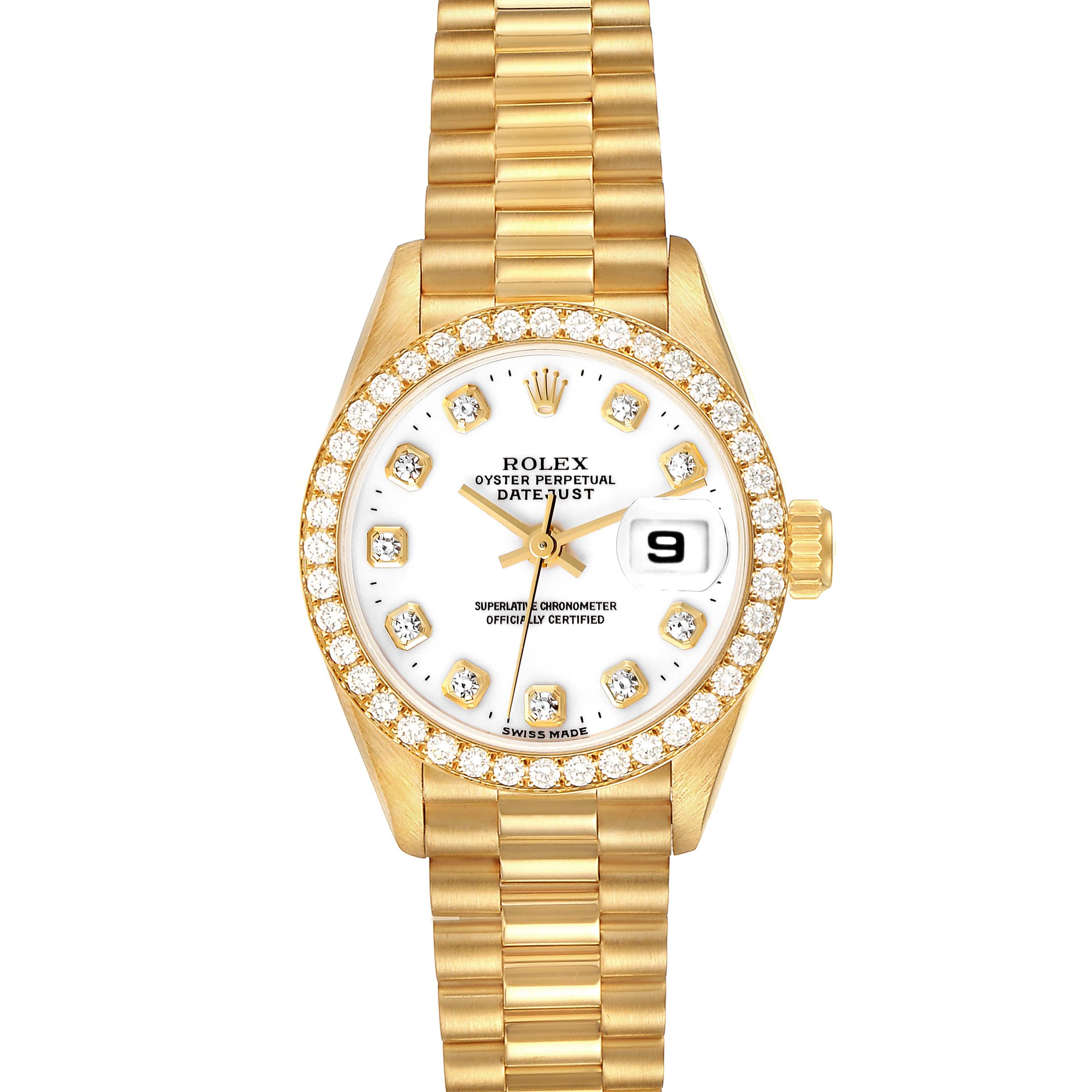 This image shows a front view of a Rolex President 69138 Women's Yellow Gold White Dial 69138 Women's Yellow Gold White Dial model watch with a gold bracelet and diamond-encrusted bezel.