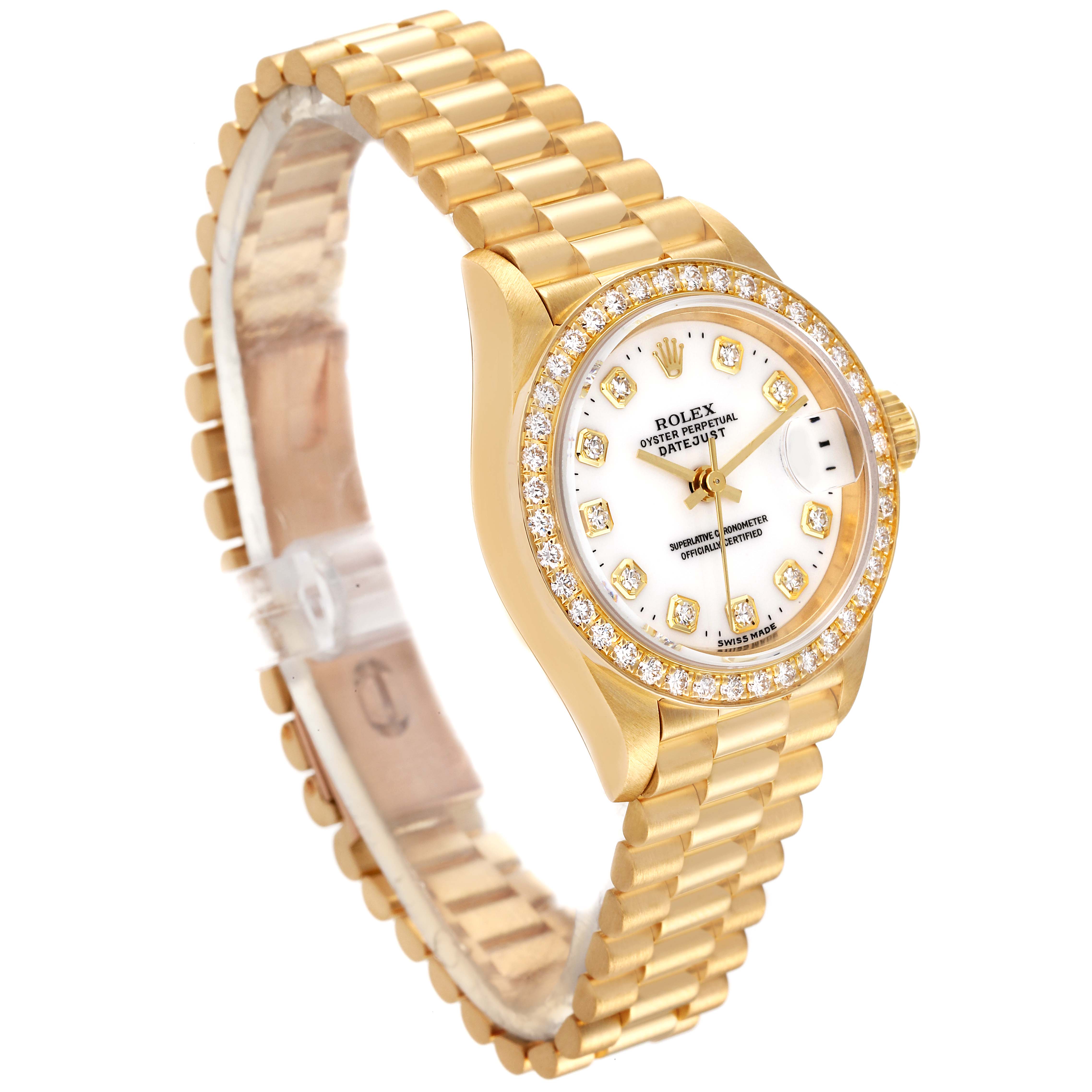 The Rolex President 69138 Women's Yellow Gold White Dial 69138 Women's Yellow Gold White Dial model is shown at an angled view, displaying the face, bezel, and part of the bracelet.