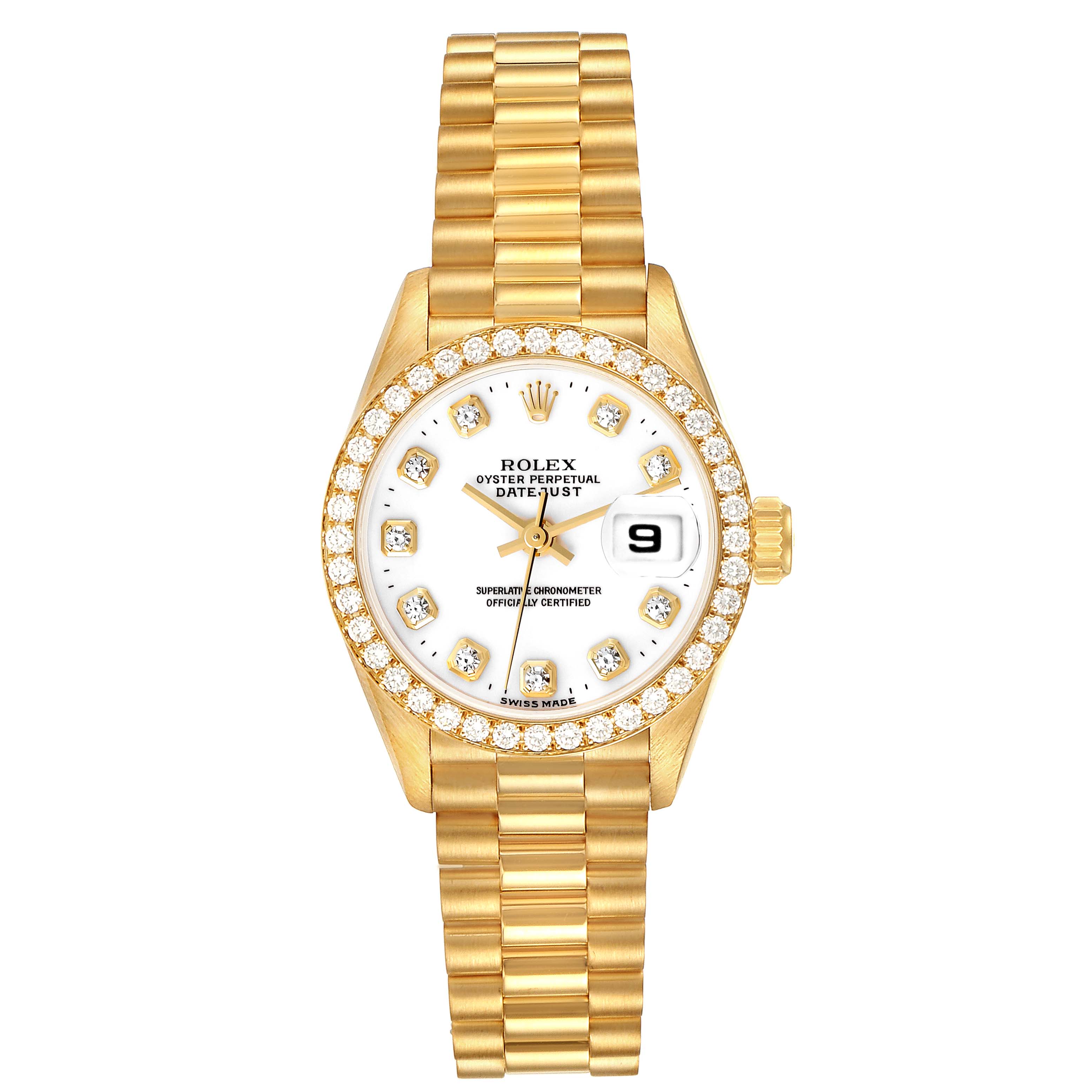 The Rolex President 69138 Women's Yellow Gold White Dial 69138 Women's Yellow Gold White Dial model is shown from a top view, highlighting the face, bezel, and bracelet.