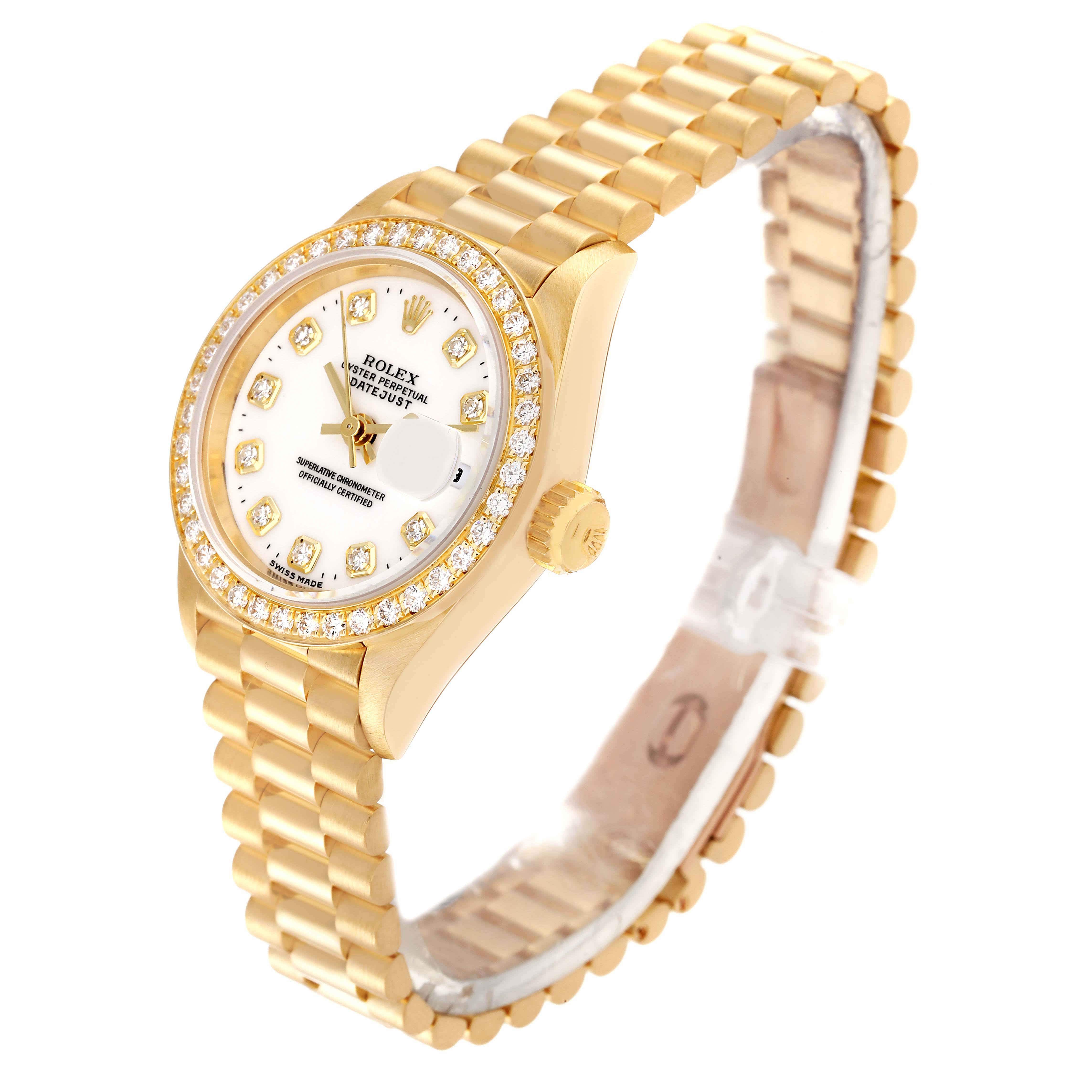 This image shows a Rolex President 69138 Women's Yellow Gold White Dial 69138 Women's Yellow Gold White Dial model watch in a three-quarter angle, highlighting its gold bracelet, crown, and diamond-set bezel and dial.