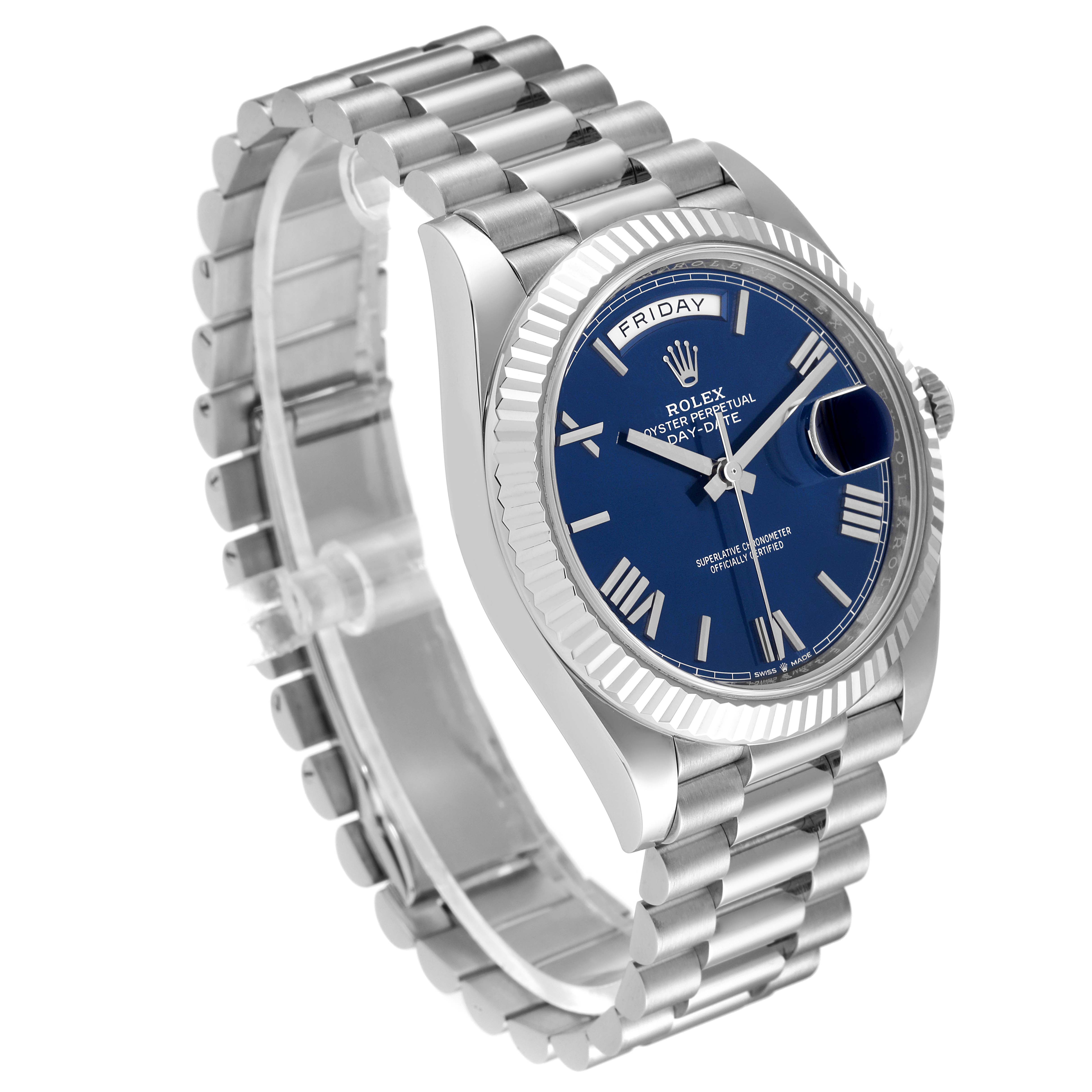The image shows a Rolex President 228239 Men's White Gold Blue Dial 228239 Men's White Gold Blue Dial model watch at a three-quarter angle, highlighting its blue dial, fluted bezel, and bracelet.