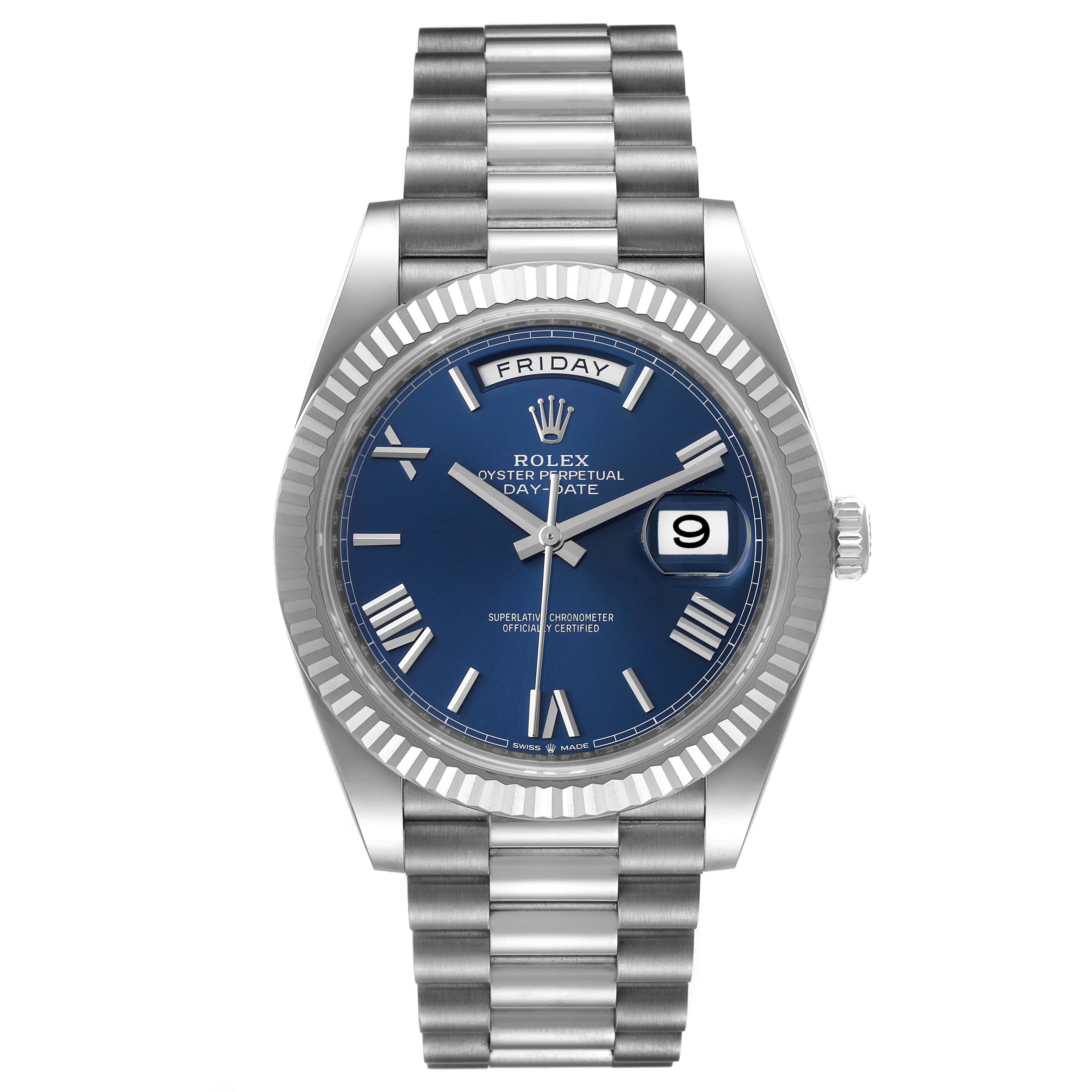 This Rolex President 228239 Men's White Gold Blue Dial 228239 Men's White Gold Blue Dial Day-Date model is shown from a front angle, displaying the dial, bezel, bracelet, and crown.