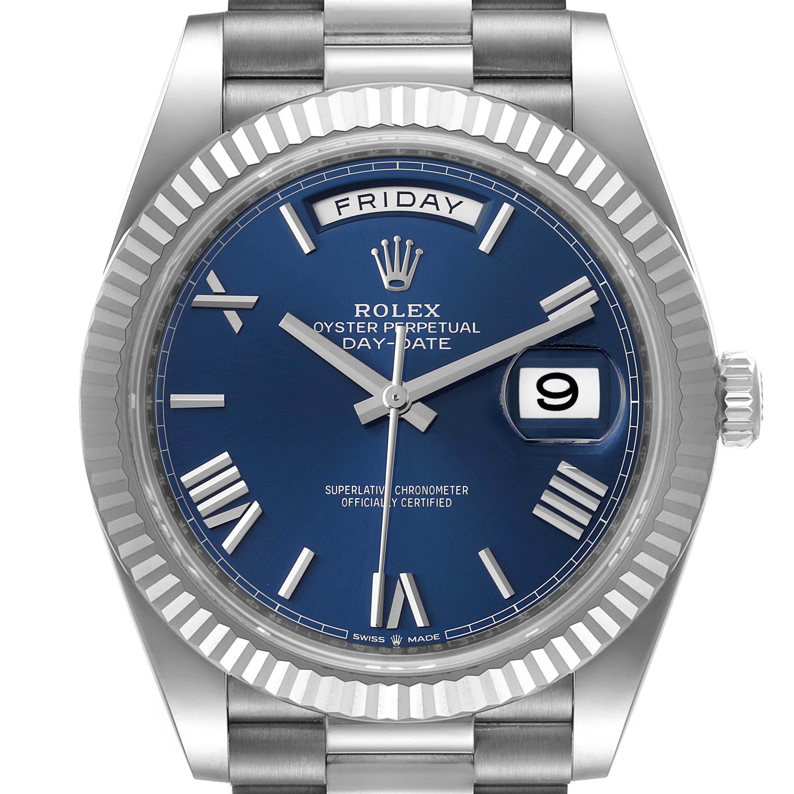This is a front view of a Rolex President 228239 Men's White Gold Blue Dial 228239 Men's White Gold Blue Dial model, showing the blue dial, day and date indicators, and the fluted bezel.