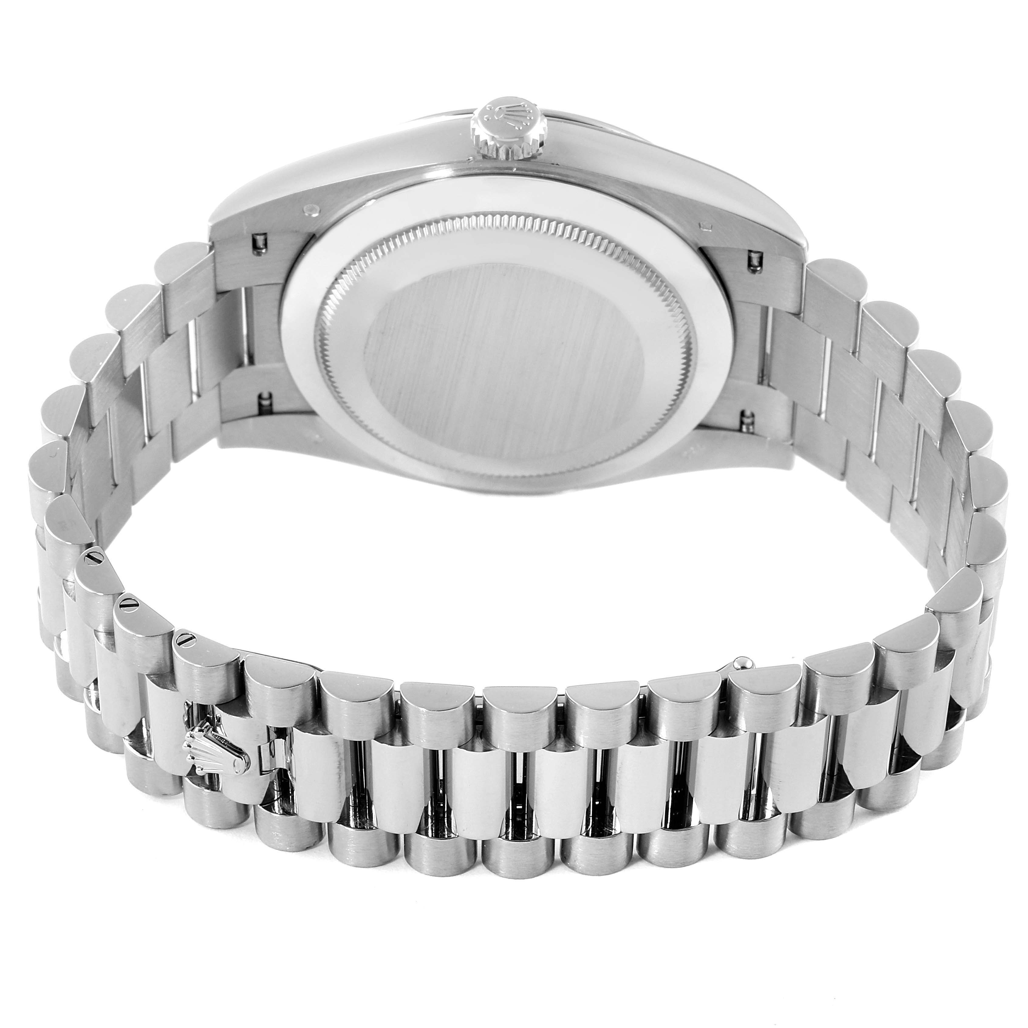 This image shows the case back and bracelet of a Rolex President 228239 Men's White Gold Blue Dial 228239 Men's White Gold Blue Dial model watch from a rear angle.