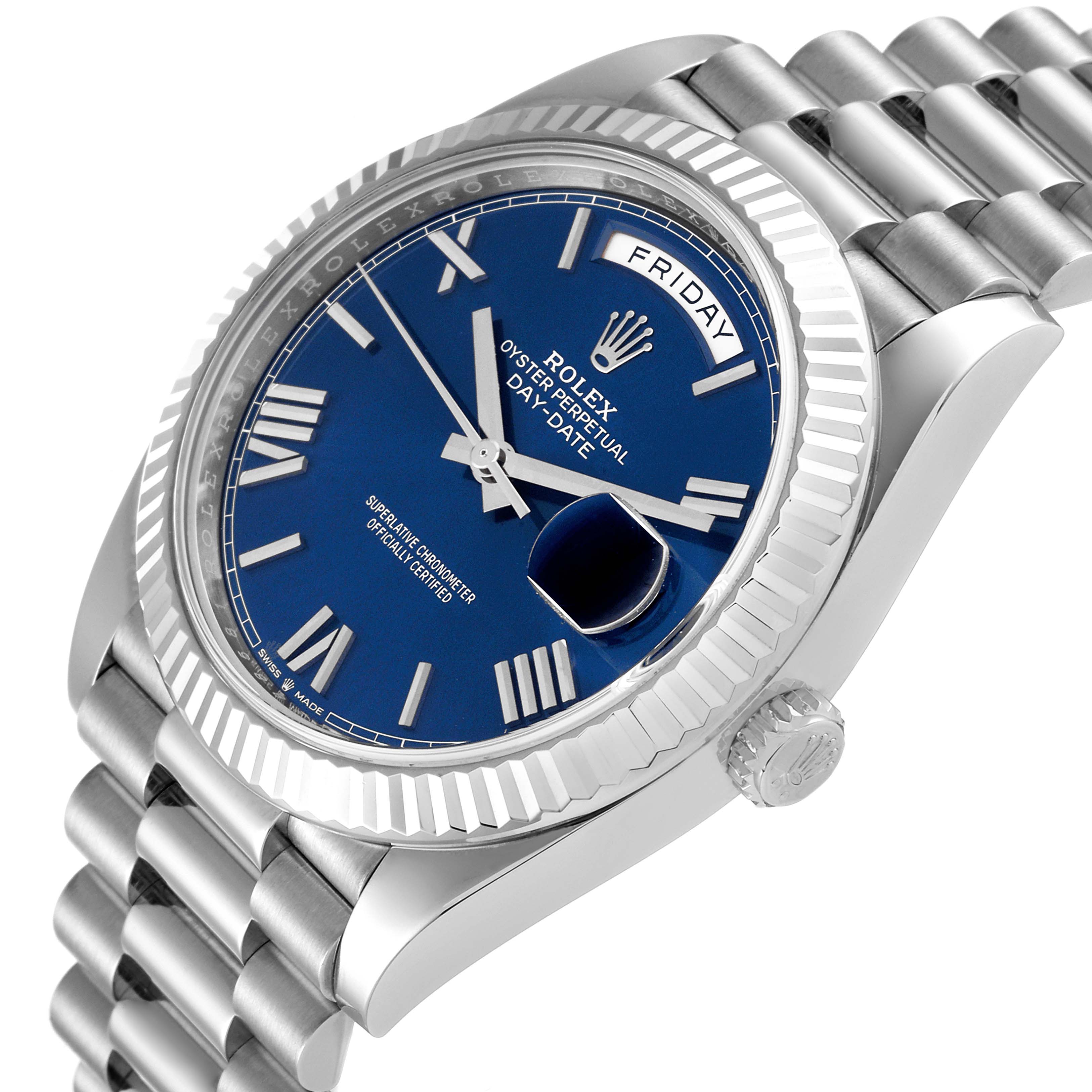 The image shows a slightly angled view of the Rolex President 228239 Men's White Gold Blue Dial 228239 Men's White Gold Blue Dial model watch, showcasing the dial, bezel, crown, and part of the bracelet.