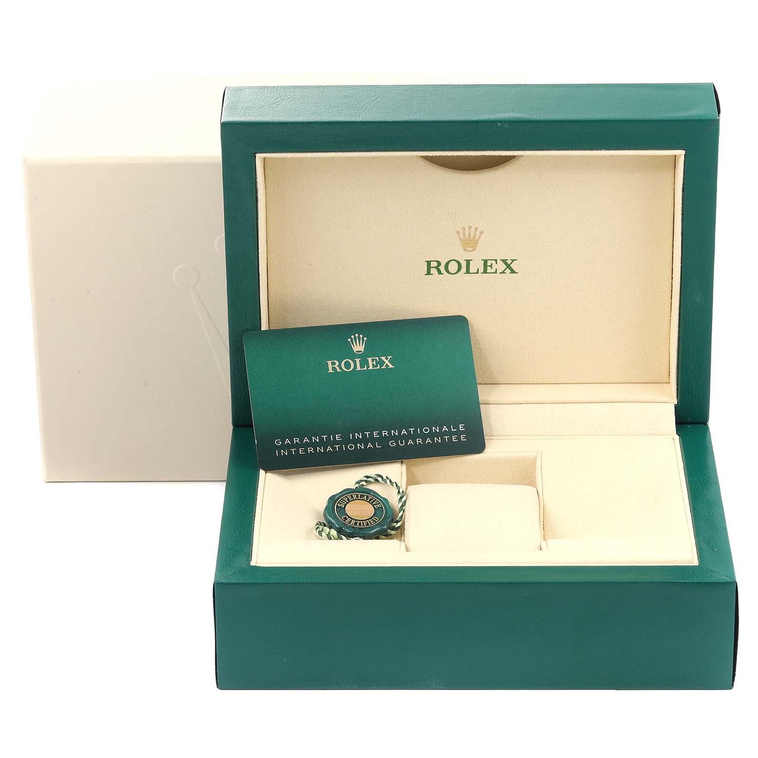 The image shows the open box for a Rolex President 228239 Men's White Gold Blue Dial 228239 Men's White Gold Blue Dial model watch, displaying the warranty card and a tag.