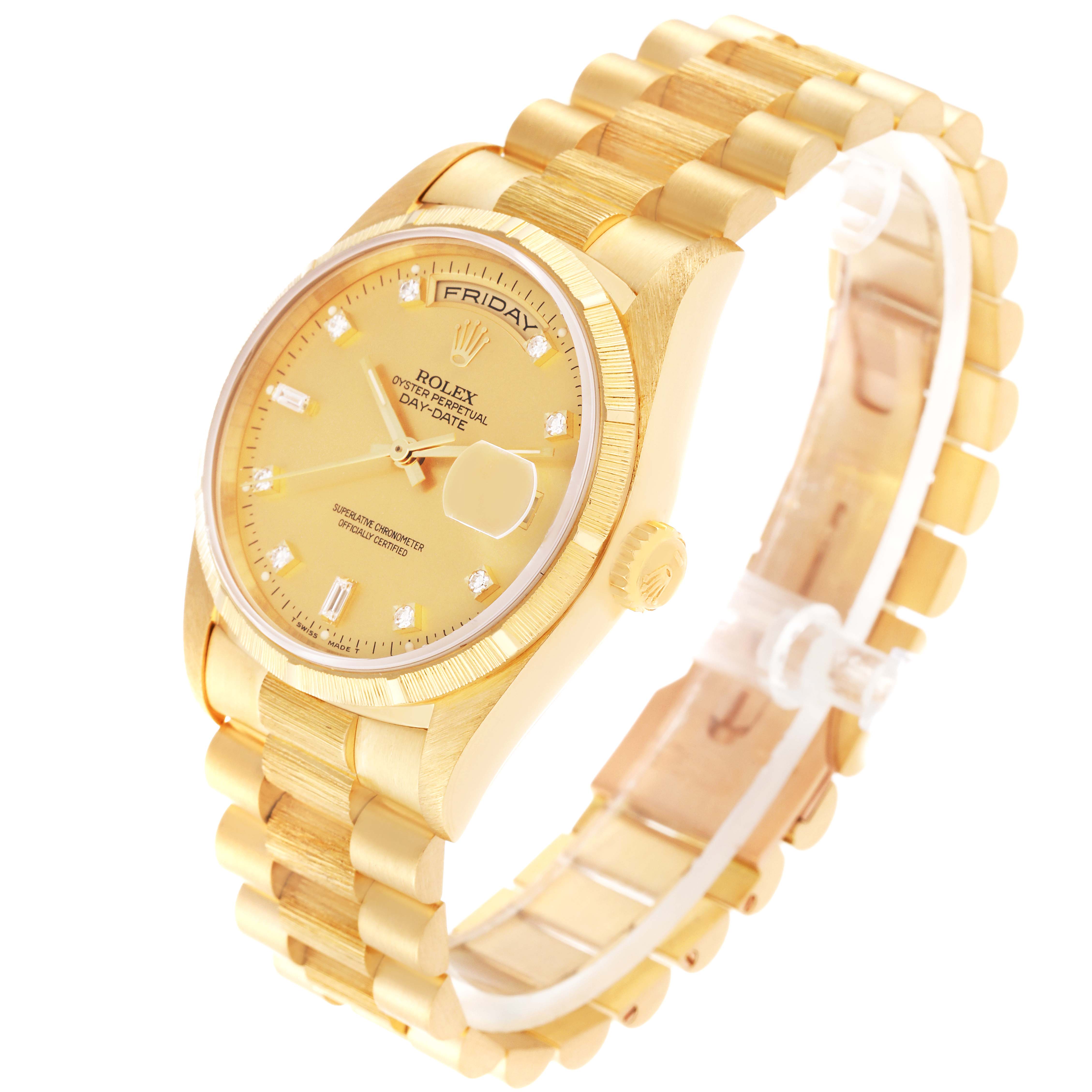The Rolex President 18248 Men
s Yellow Gold Champagne Dial 18248 Men
s Yellow Gold Champagne Dial watch is shown at a front-right angle displaying its bracelet, crown, bezel, and dial.