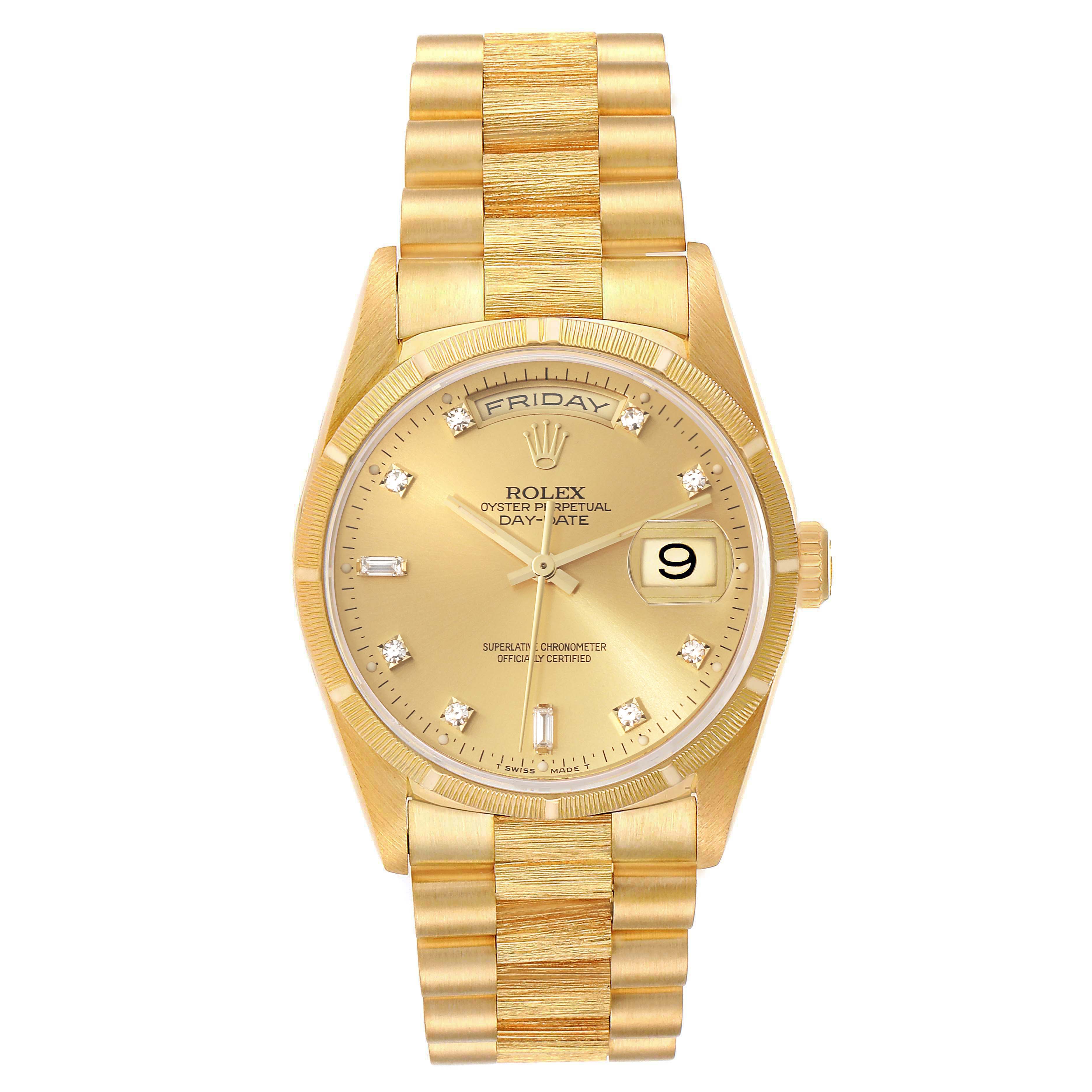 The image shows a front view of the Rolex President 18248 Men
s Yellow Gold Champagne Dial 18248 Men
s Yellow Gold Champagne Dial model watch with a gold dial, day-date display, and diamond hour markers.