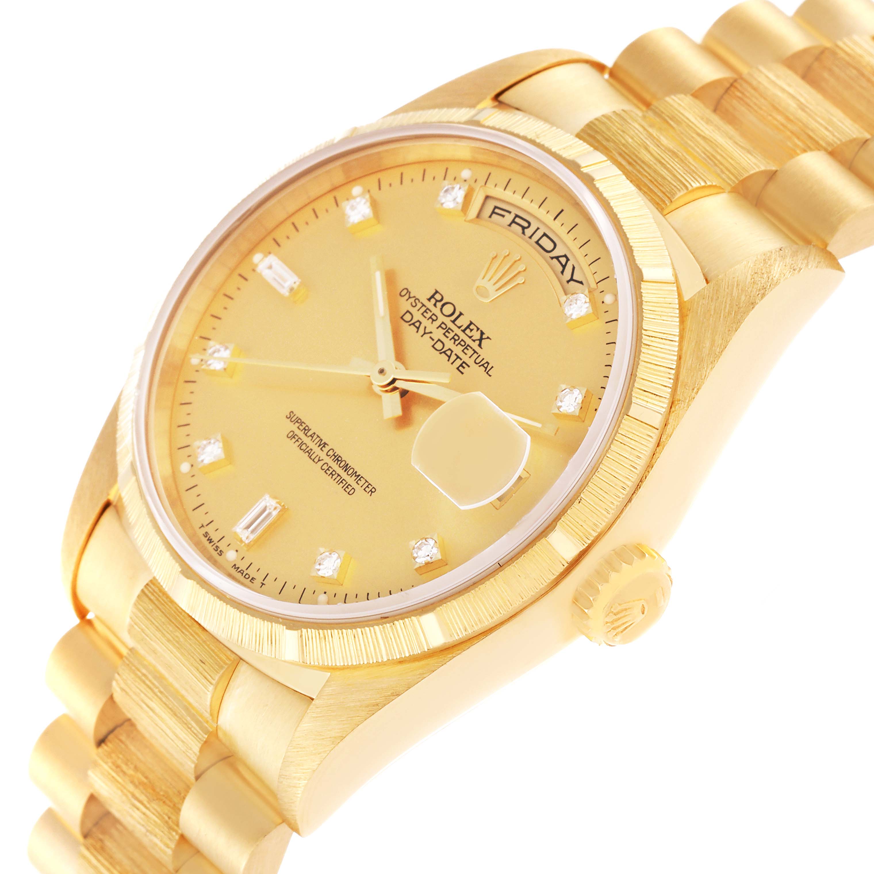 This image shows a side and partial front angle of a gold Rolex President 18248 Men
s Yellow Gold Champagne Dial 18248 Men
s Yellow Gold Champagne Dial Day-Date watch, highlighting the dial, crown, and bracelet.