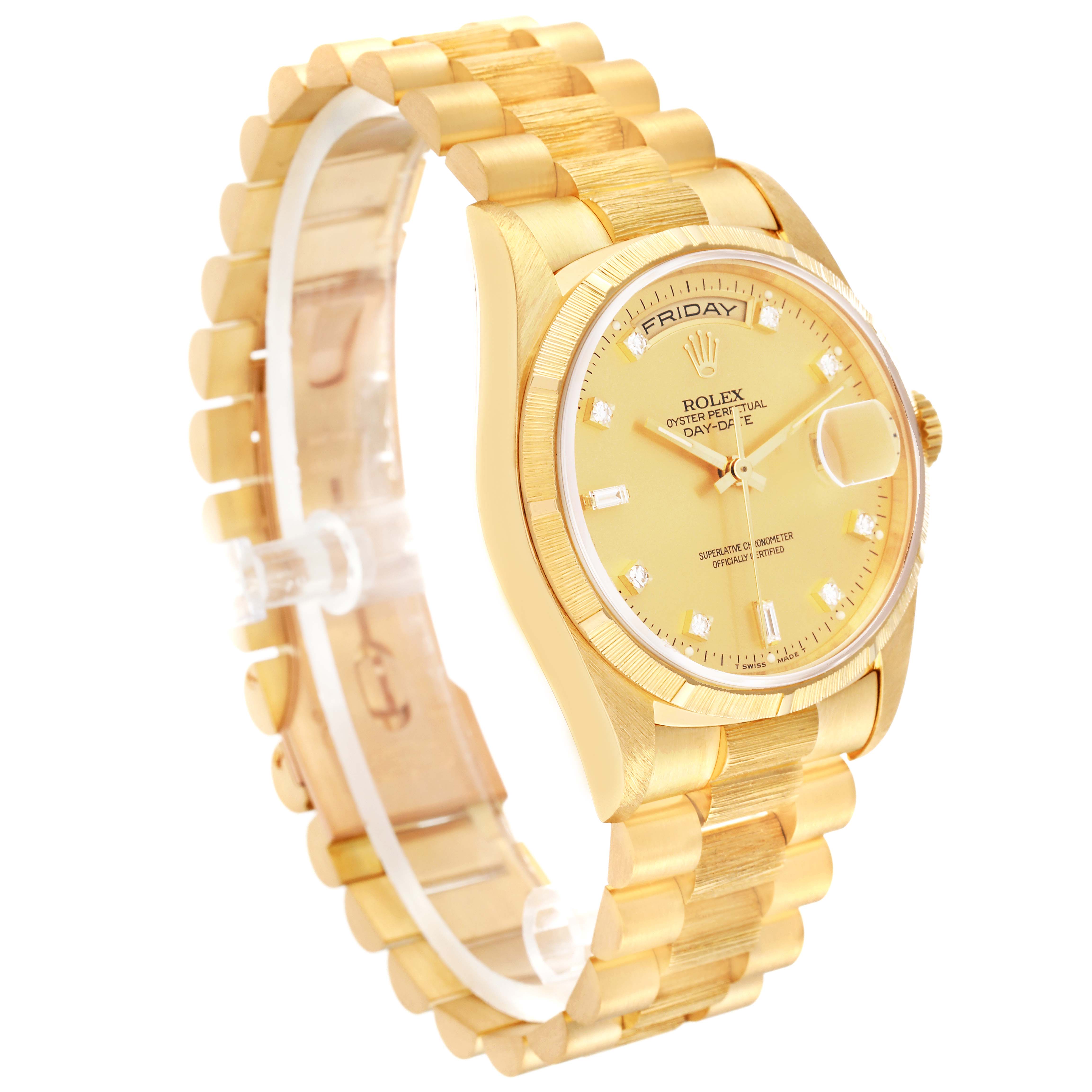 The Rolex President 18248 Men
s Yellow Gold Champagne Dial 18248 Men
s Yellow Gold Champagne Dial model watch is shown at an angle displaying the bracelet, case, and dial clearly.