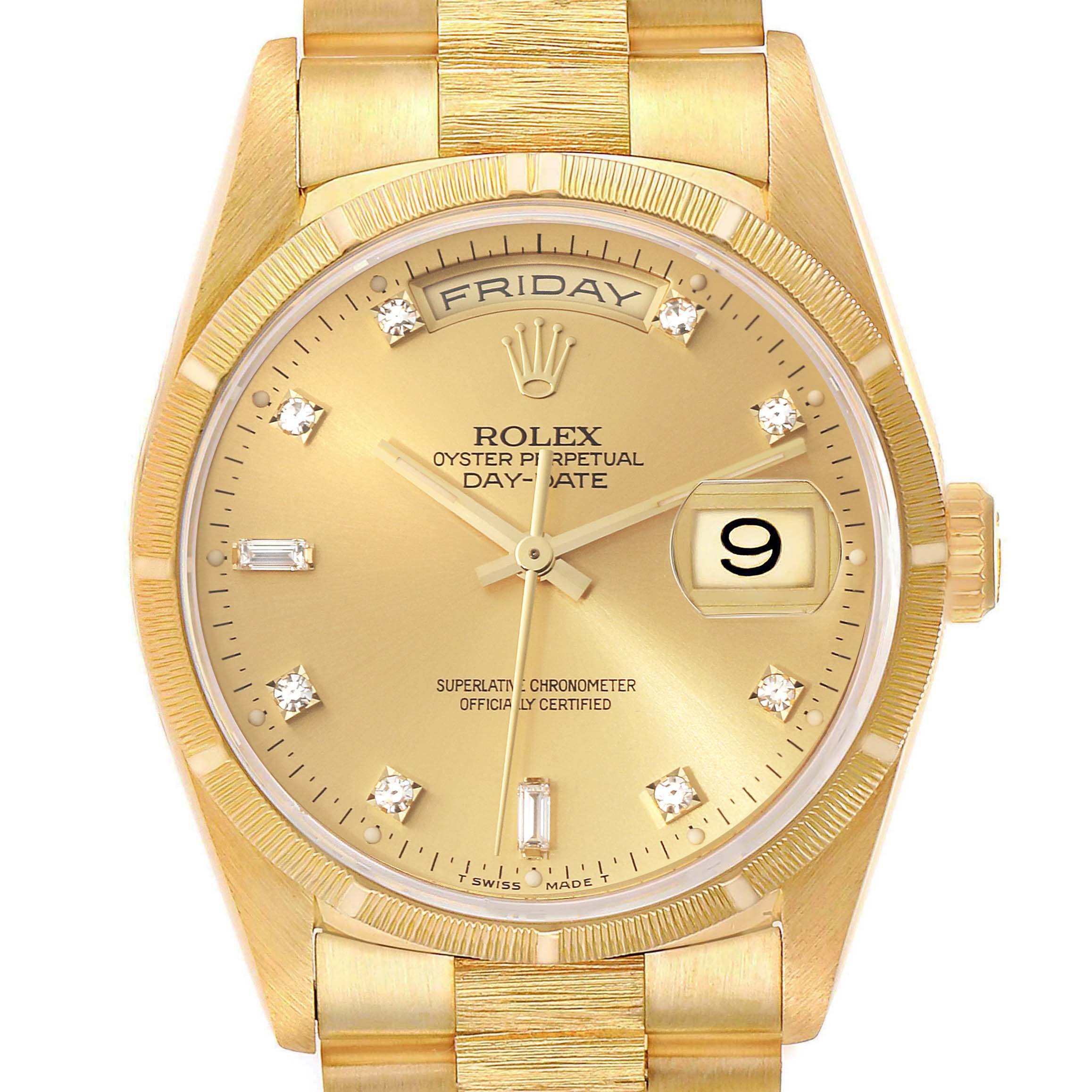 The image shows a close-up of the Rolex President 18248 Men
s Yellow Gold Champagne Dial 18248 Men
s Yellow Gold Champagne Dial model watch face and part of the gold bracelet.