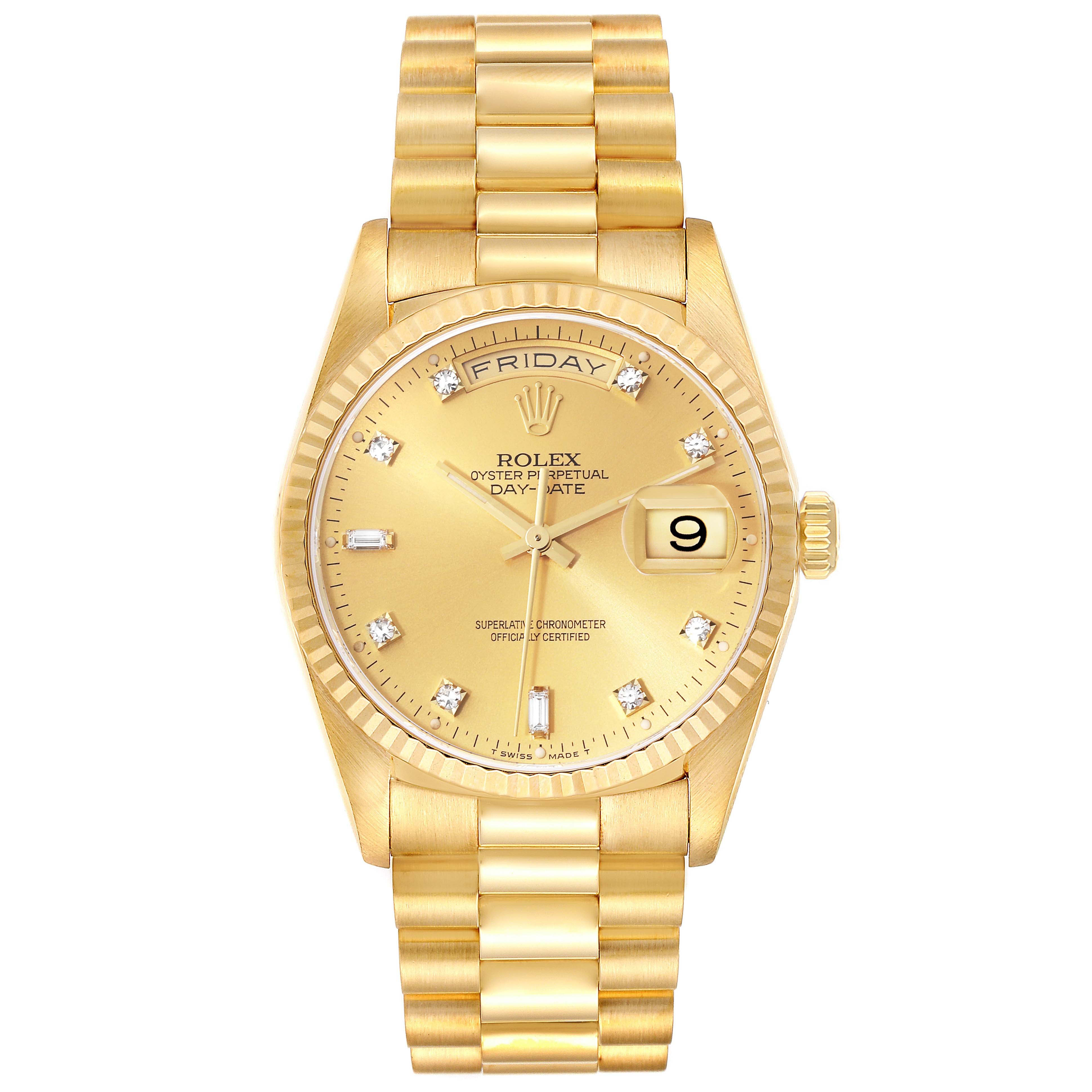 This is a front view of a President model Rolex watch, showing the dial, bracelet, and crown.