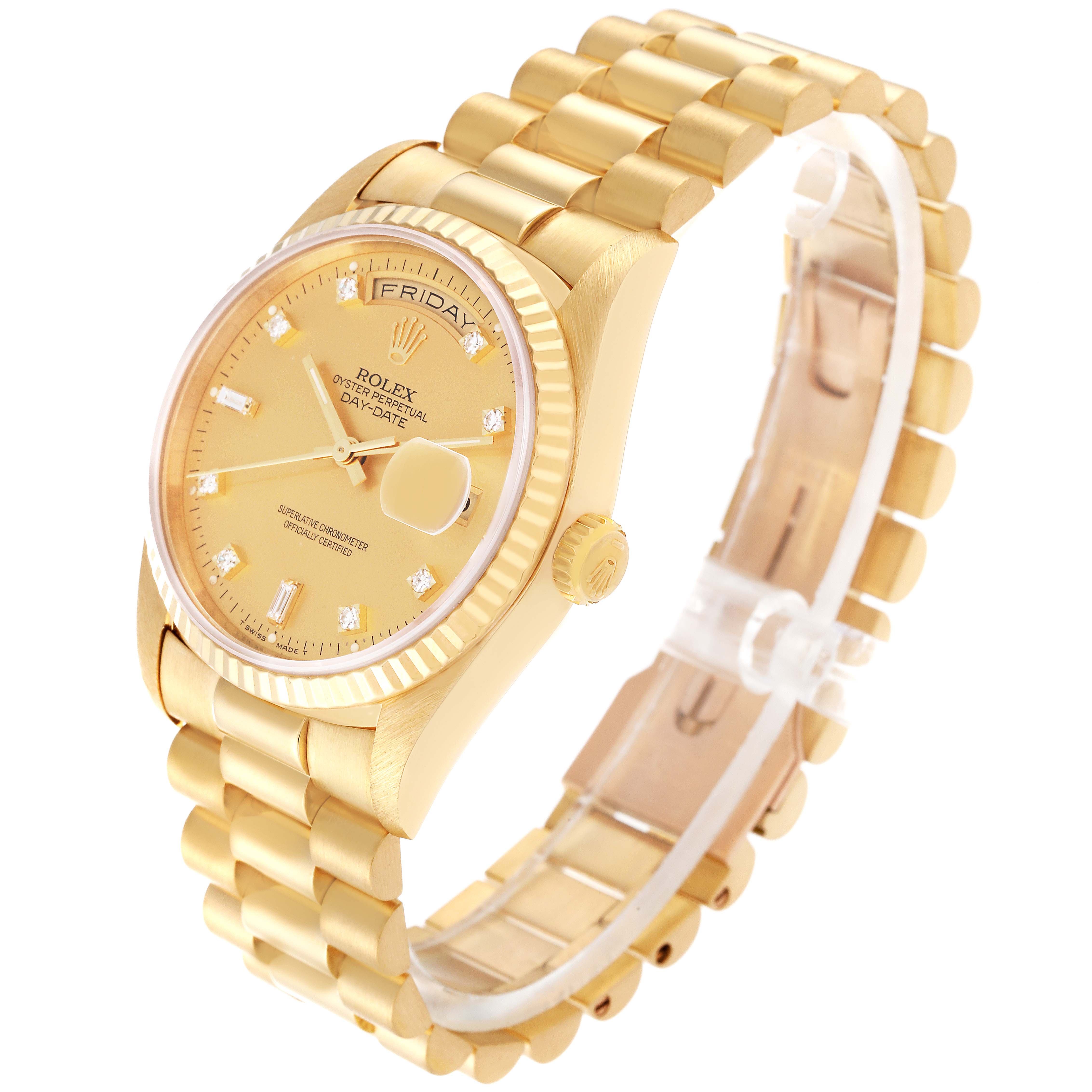 The image shows a Rolex President 18238 Men
s Yellow Gold Champagne Dial 18238 Men
s Yellow Gold Champagne Dial model watch at a 3/4 angle, displaying the dial, bezel, crown, and bracelet.