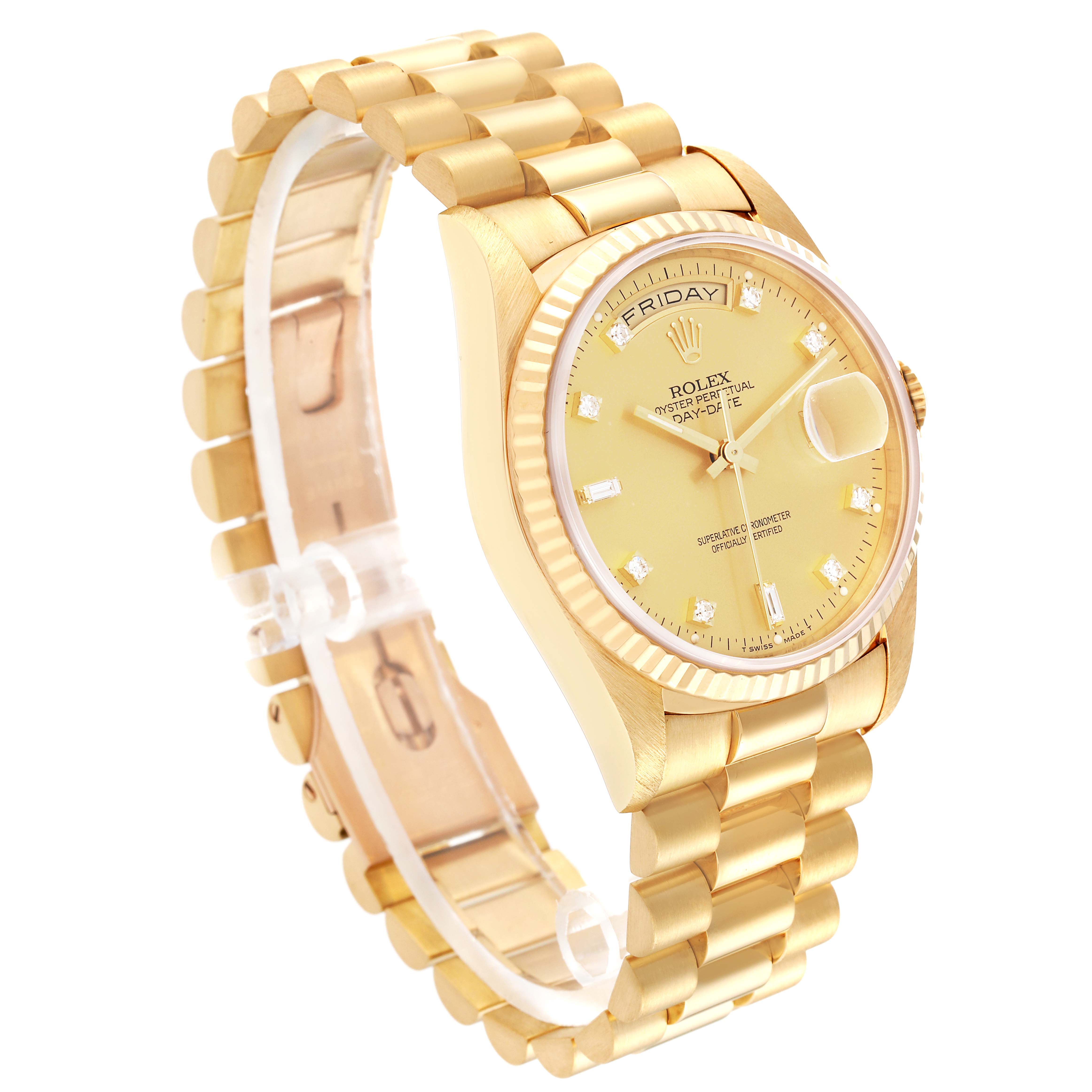 This image shows a side and front angle of a Rolex President 18238 Men
s Yellow Gold Champagne Dial 18238 Men
s Yellow Gold Champagne Dial model, showcasing its gold bracelet, case, and dial.