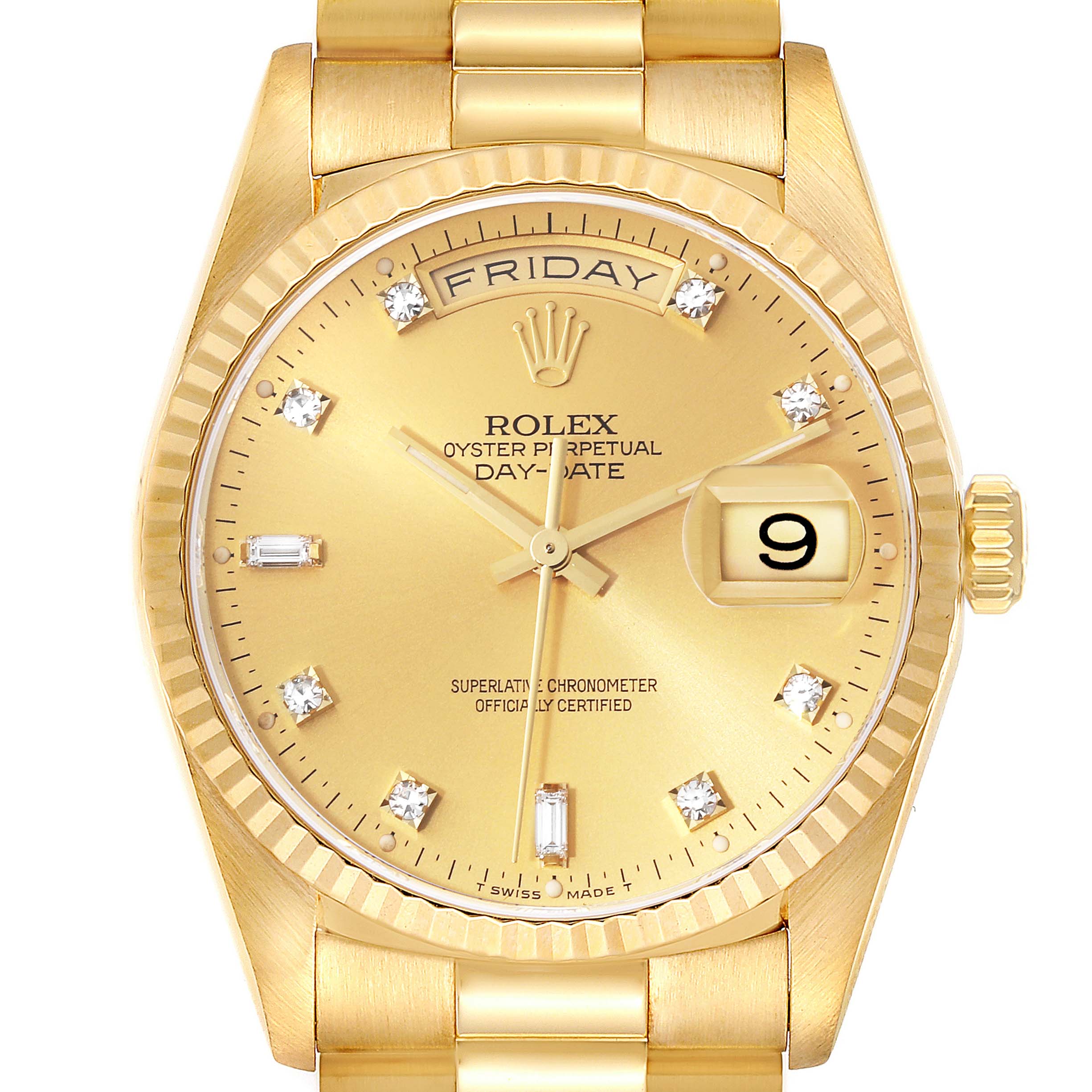 The image shows a frontal view of the Rolex President 18238 Men
s Yellow Gold Champagne Dial 18238 Men
s Yellow Gold Champagne Dial model watch, displaying its face, bracelet, and crown.