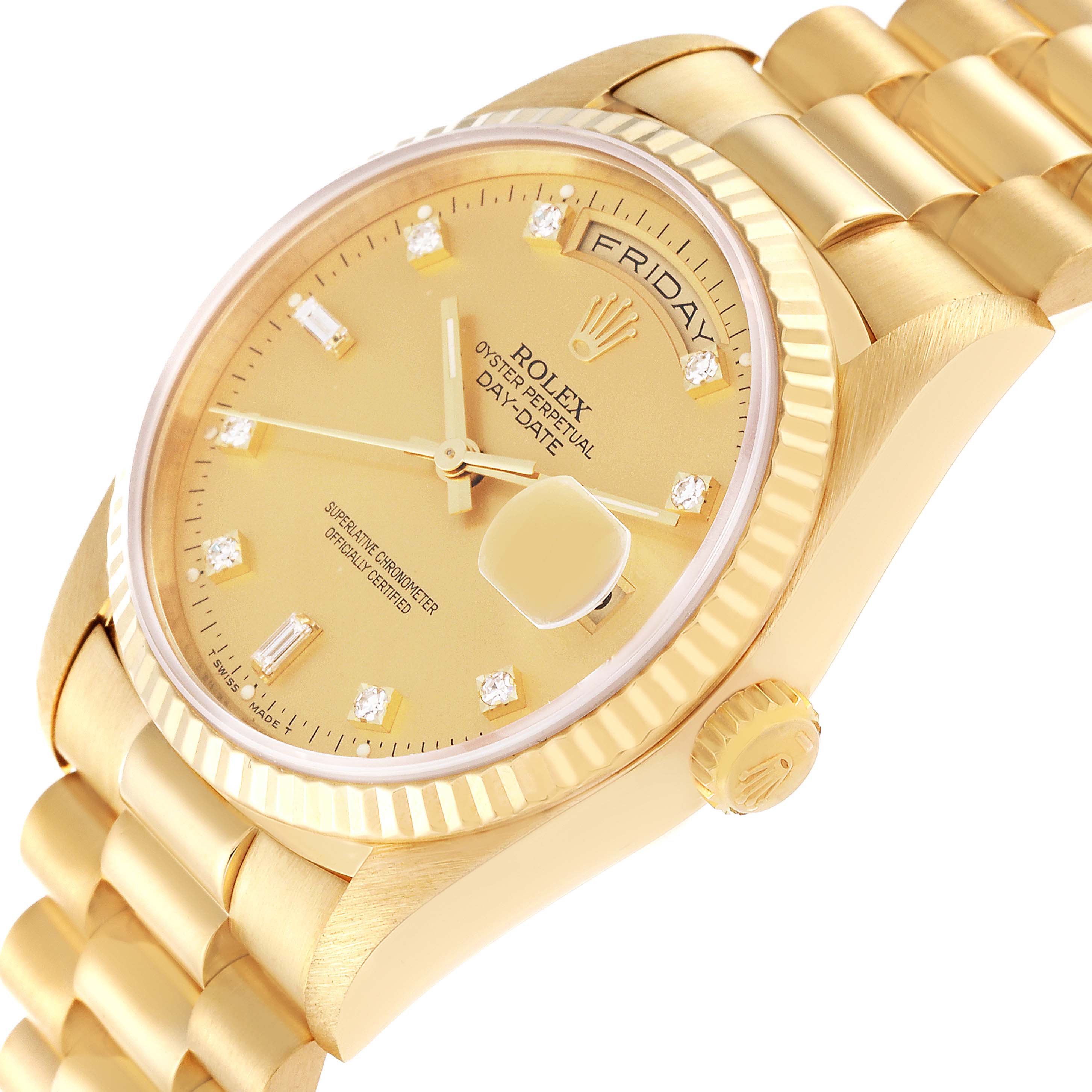 The image shows a side view of the gold Rolex President 18238 Men
s Yellow Gold Champagne Dial 18238 Men
s Yellow Gold Champagne Dial model, highlighting the dial, bezel, and bracelet.