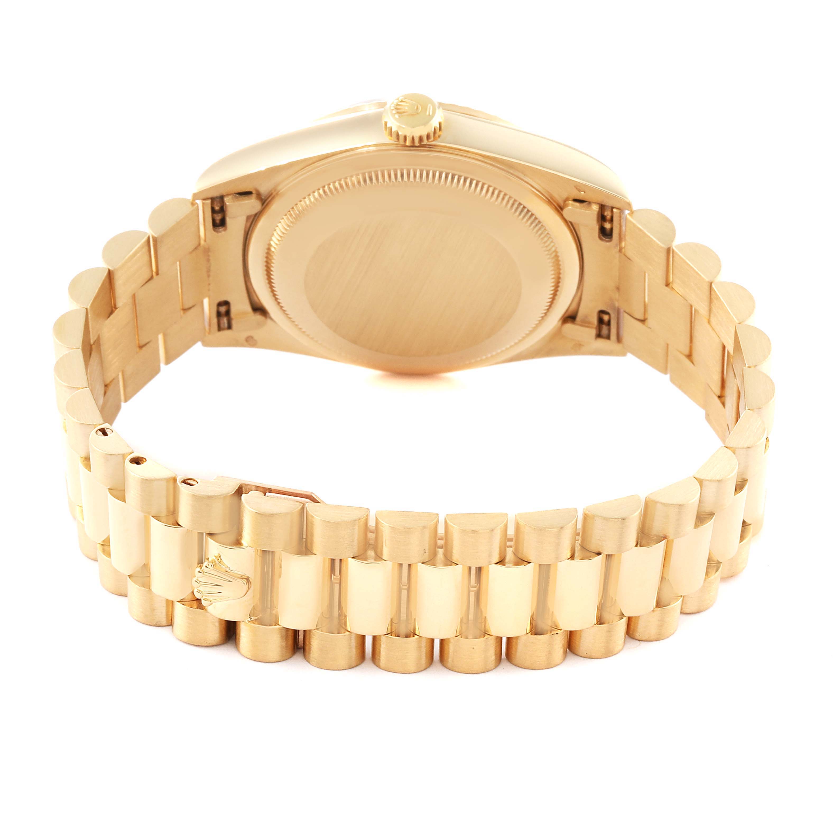 The image shows the back view of the Rolex President 18238 Men
s Yellow Gold Champagne Dial 18238 Men
s Yellow Gold Champagne Dial watch, focusing on the case back and bracelet.