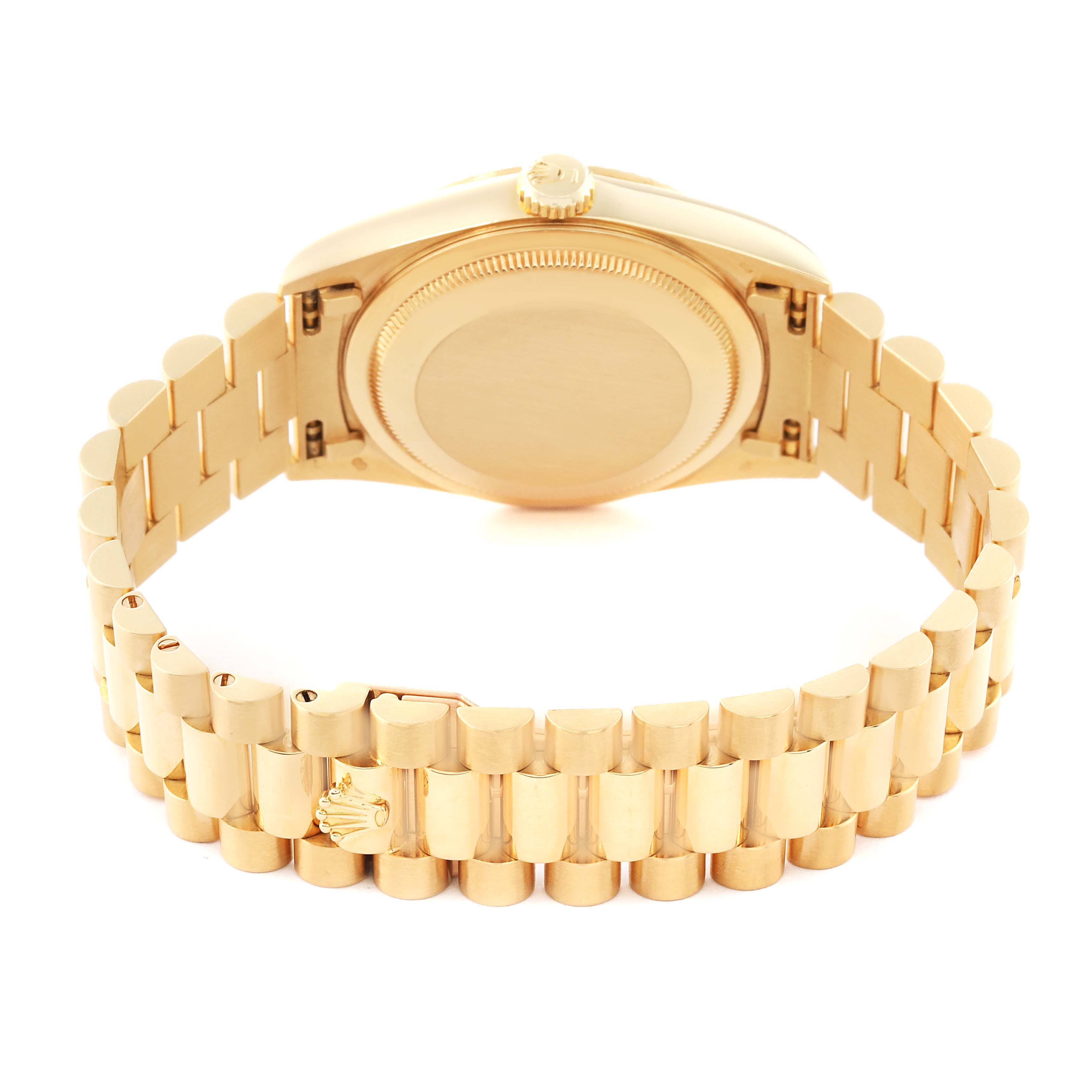 The image shows the back case and bracelet of a Rolex President 18238 Men
s Yellow Gold Champagne Dial 18238 Men
s Yellow Gold Champagne Dial model watch in a gold finish.