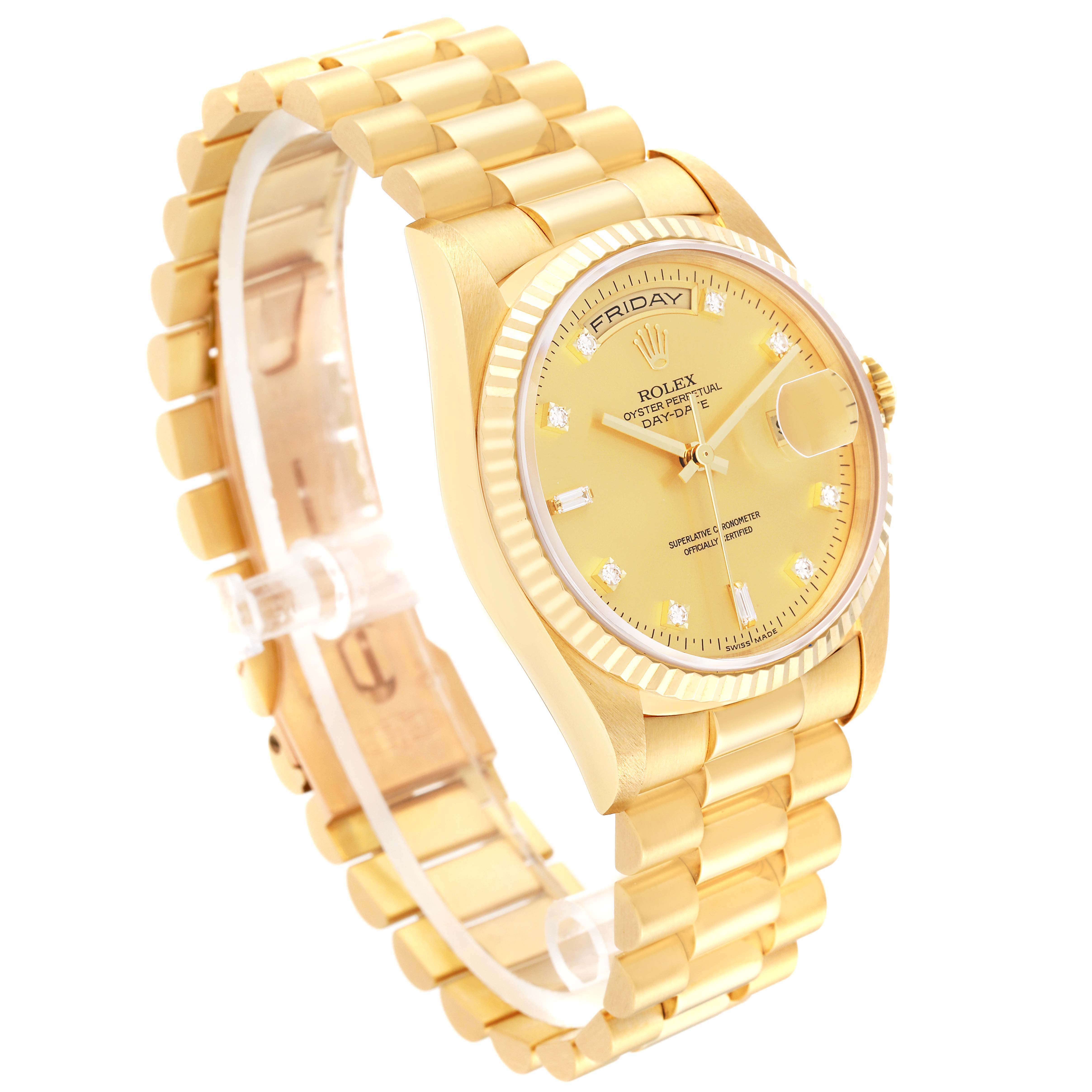 The image shows a side angle view of a Rolex President 18238 Men
s Yellow Gold Champagne Dial 18238 Men
s Yellow Gold Champagne Dial, highlighting the gold bracelet, fluted bezel, and dial with diamond markers.