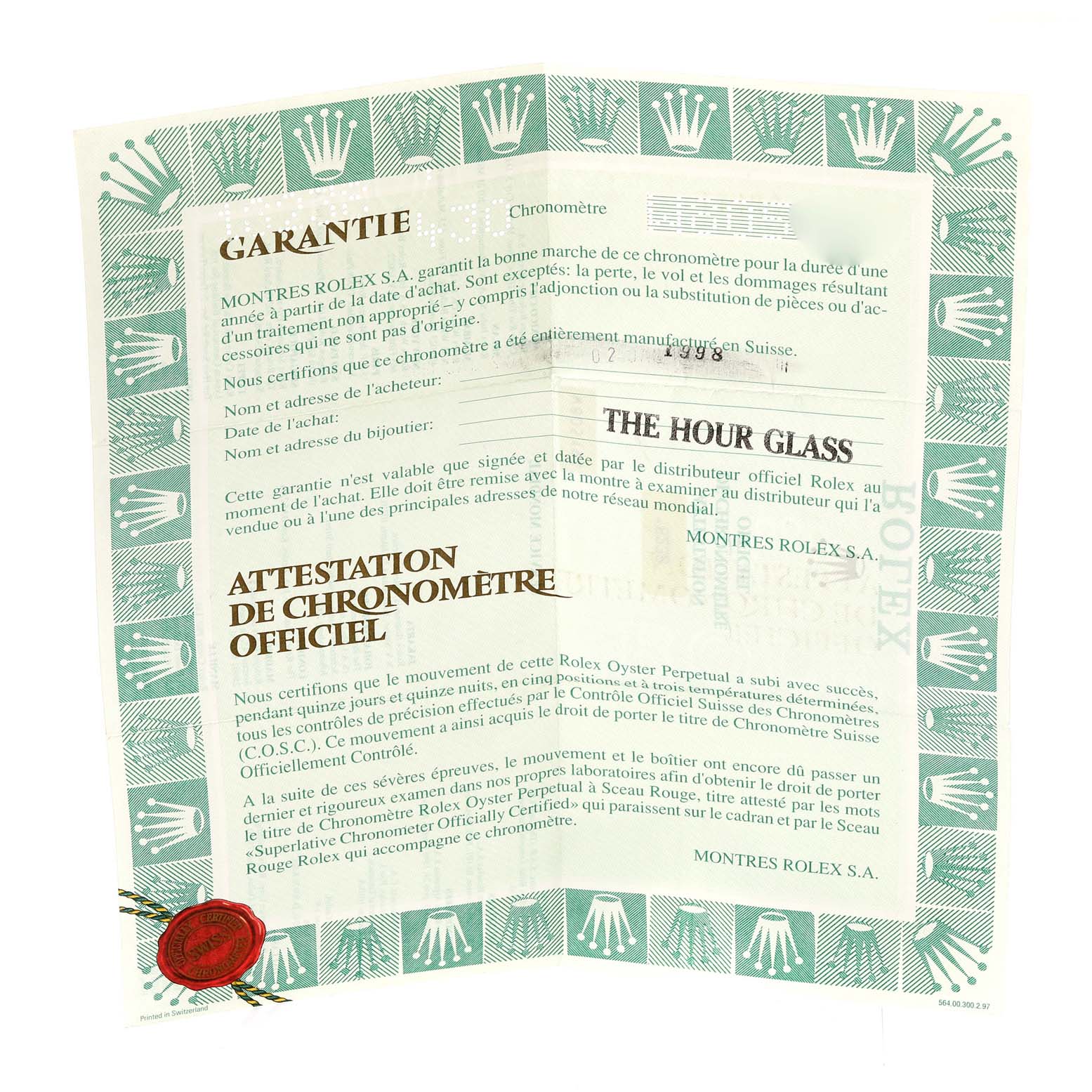 The image shows the warranty and certification papers for the President model by Rolex.