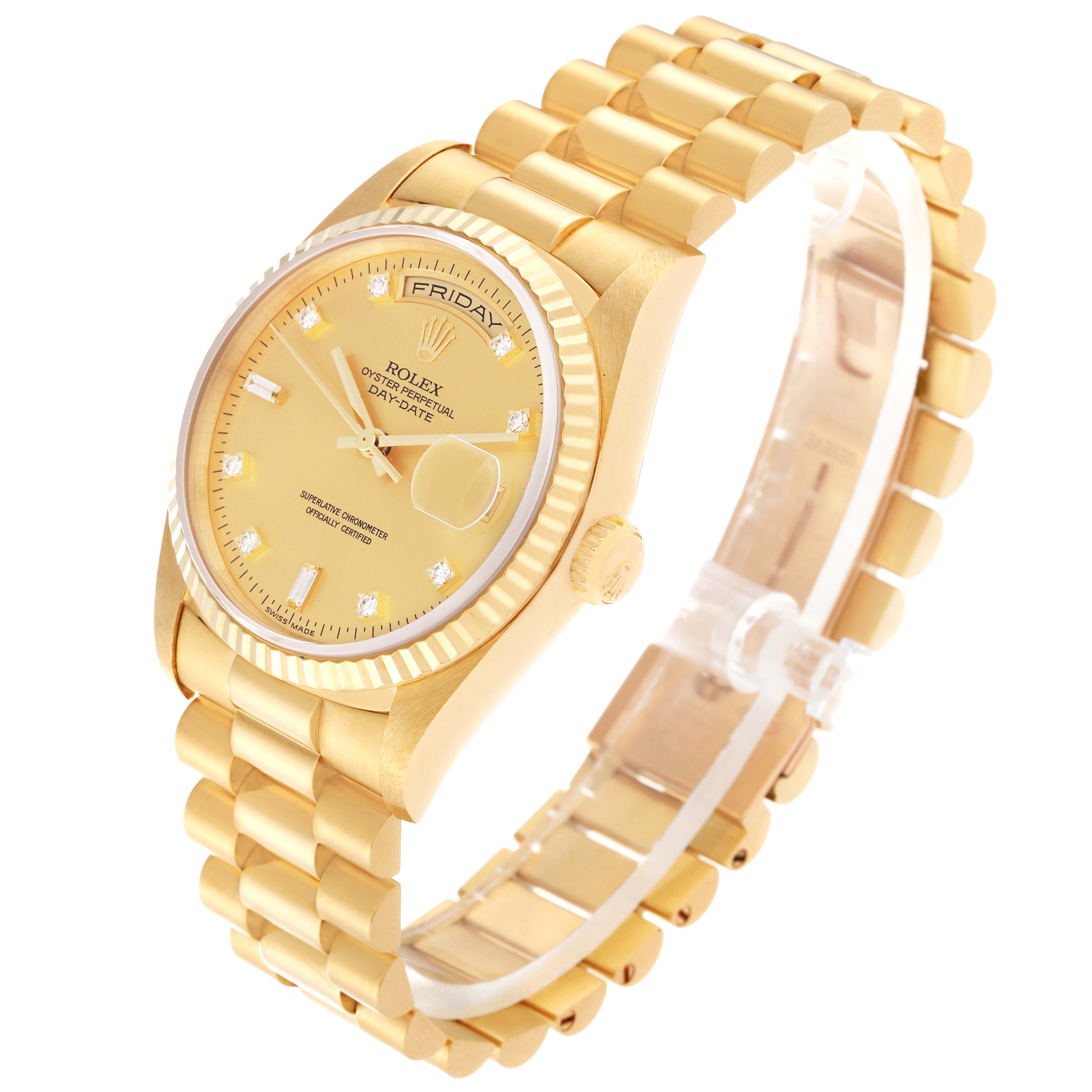 The Rolex President 18238 Men
s Yellow Gold Champagne Dial 18238 Men
s Yellow Gold Champagne Dial model watch is shown at an angle, displaying the dial, band, crown, and day-date features.