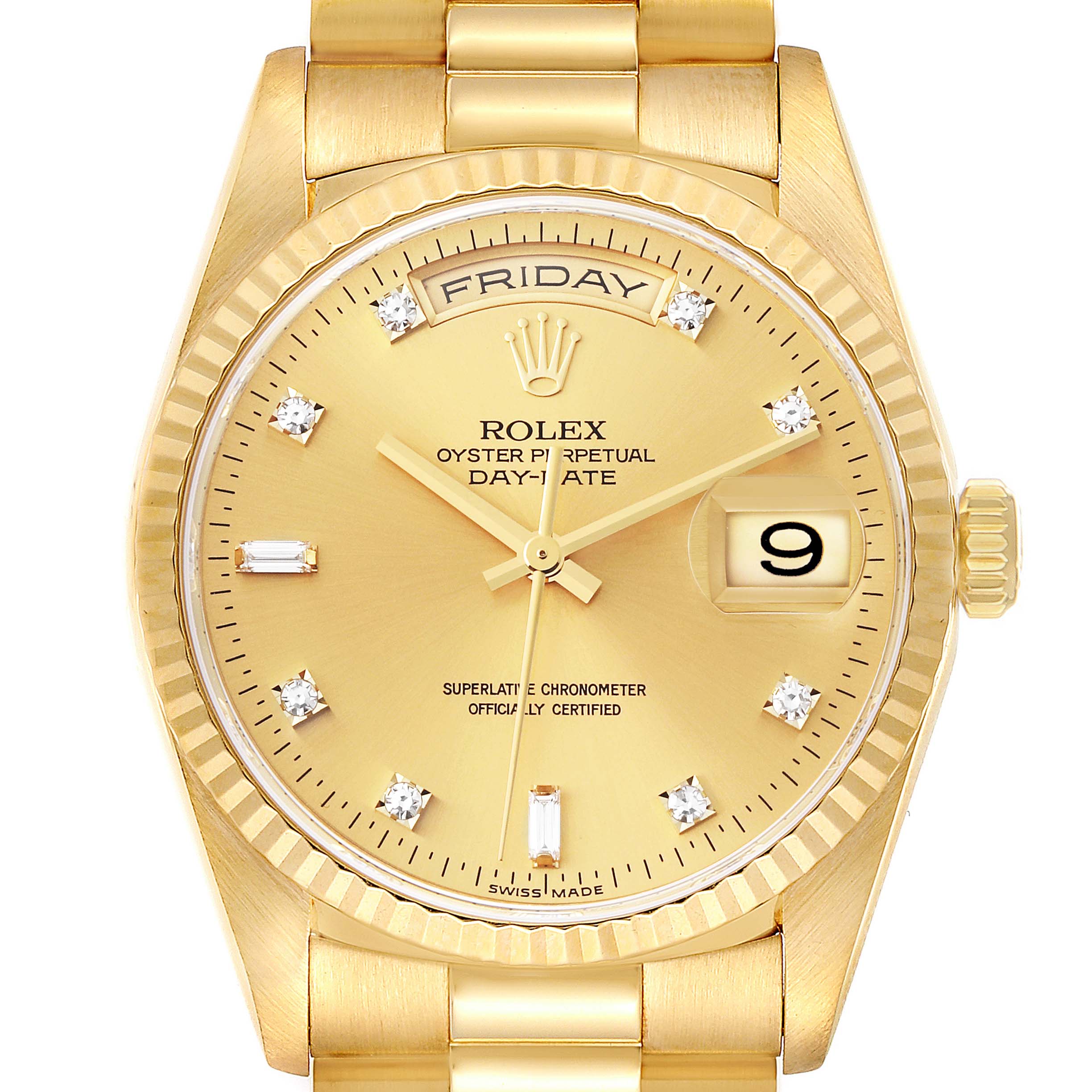 The image shows a close-up front view of the Rolex President 18238 Men
s Yellow Gold Champagne Dial 18238 Men
s Yellow Gold Champagne Dial Day-Date watch, highlighting the dial, bezel, and bracelet.