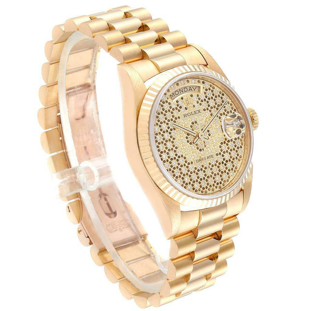 The Rolex President 18238 Men
s Yellow Gold Champagne Dial 18238 Men
s Yellow Gold Champagne Dial model watch is shown from a left side angle highlighting the band, face, and bezel.