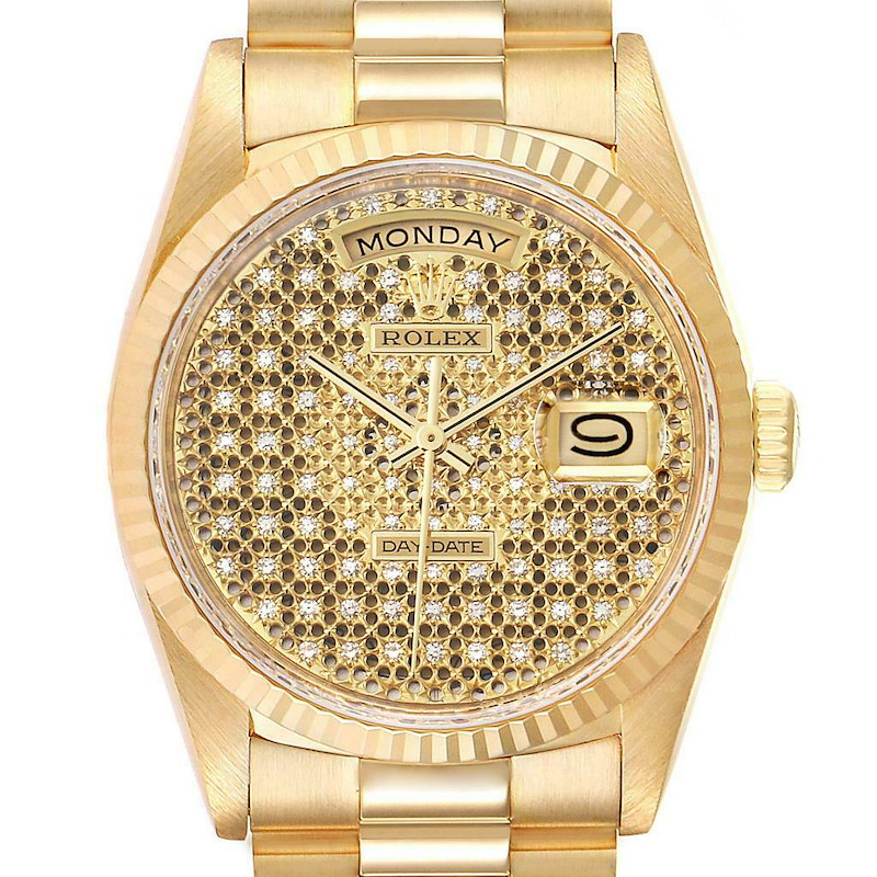 Rolex President Day-Date Yellow Gold Honeycomb Diamond Dial Watch 18238 SwissWatchExpo