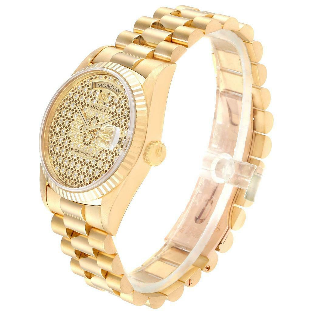 This image shows a side view of the Rolex President 18238 Men
s Yellow Gold Champagne Dial 18238 Men
s Yellow Gold Champagne Dial model watch, showcasing its gold band, dial, and crown.