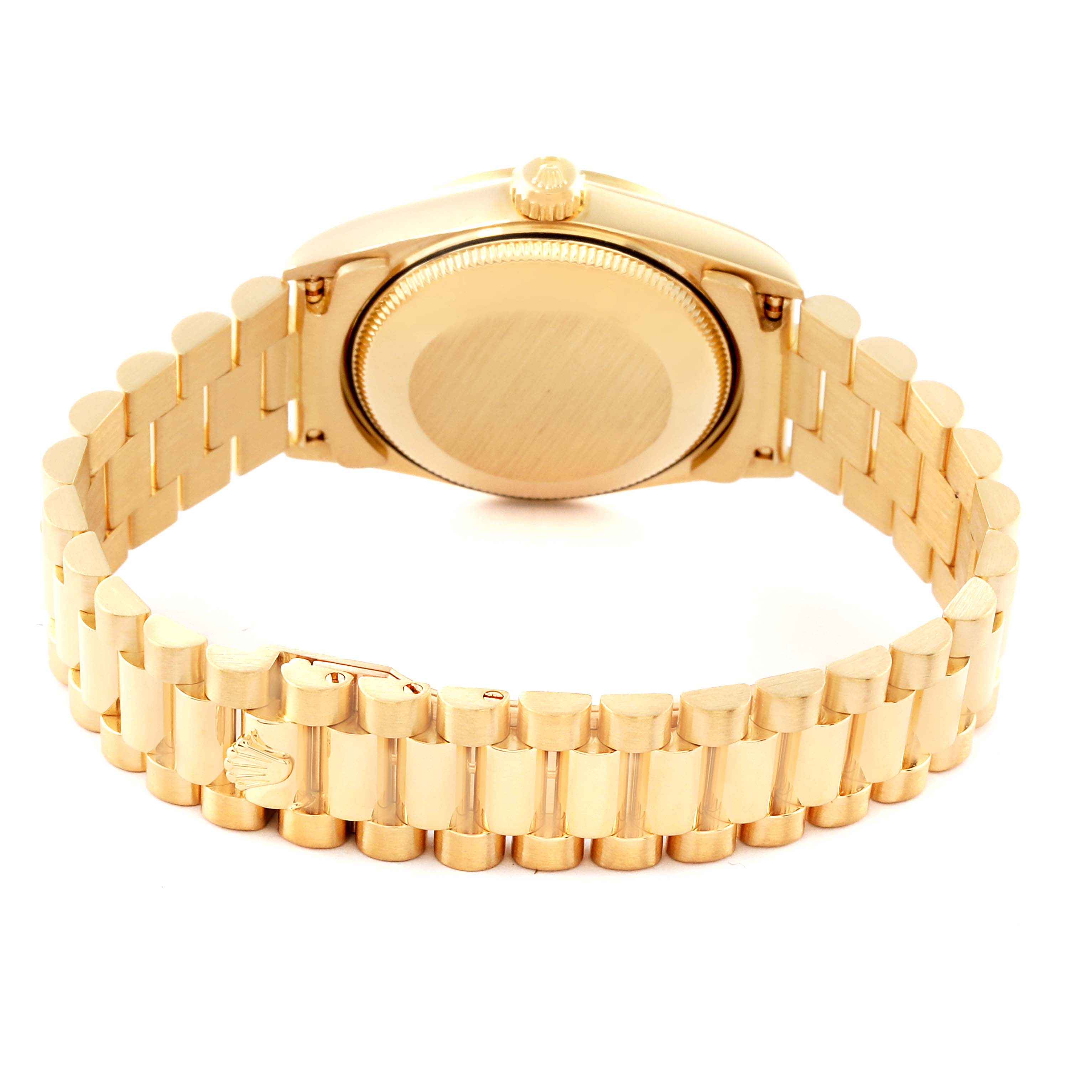 The image shows the back of the Rolex President 68278G Women's Yellow Gold Black Dial 68278G Women's Yellow Gold Black Dial model watch, highlighting its gold case and bracelet.