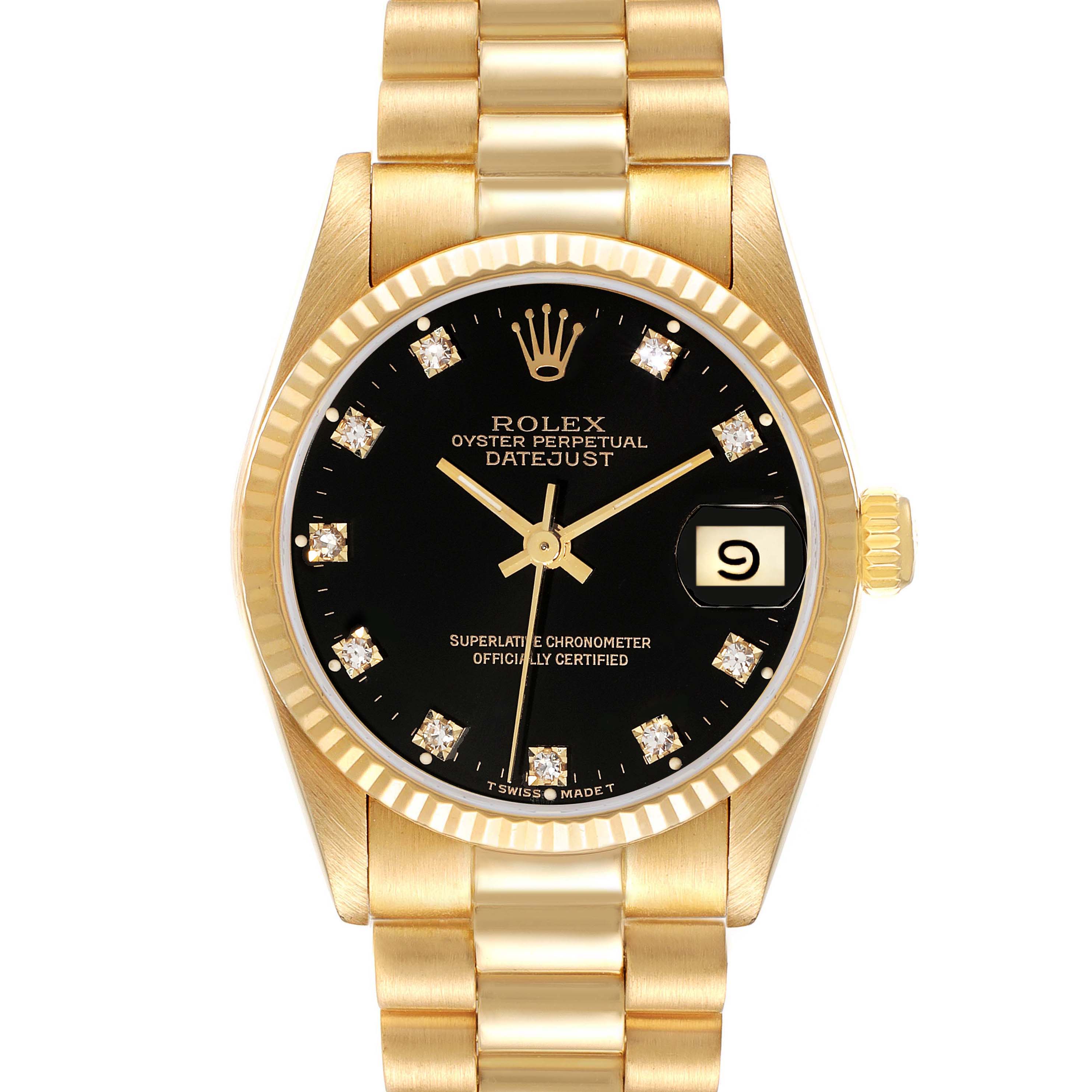 The image shows a front view of a Rolex President 68278G Women's Yellow Gold Black Dial 68278G Women's Yellow Gold Black Dial Datejust watch, displaying the face, bezel, and part of the band.