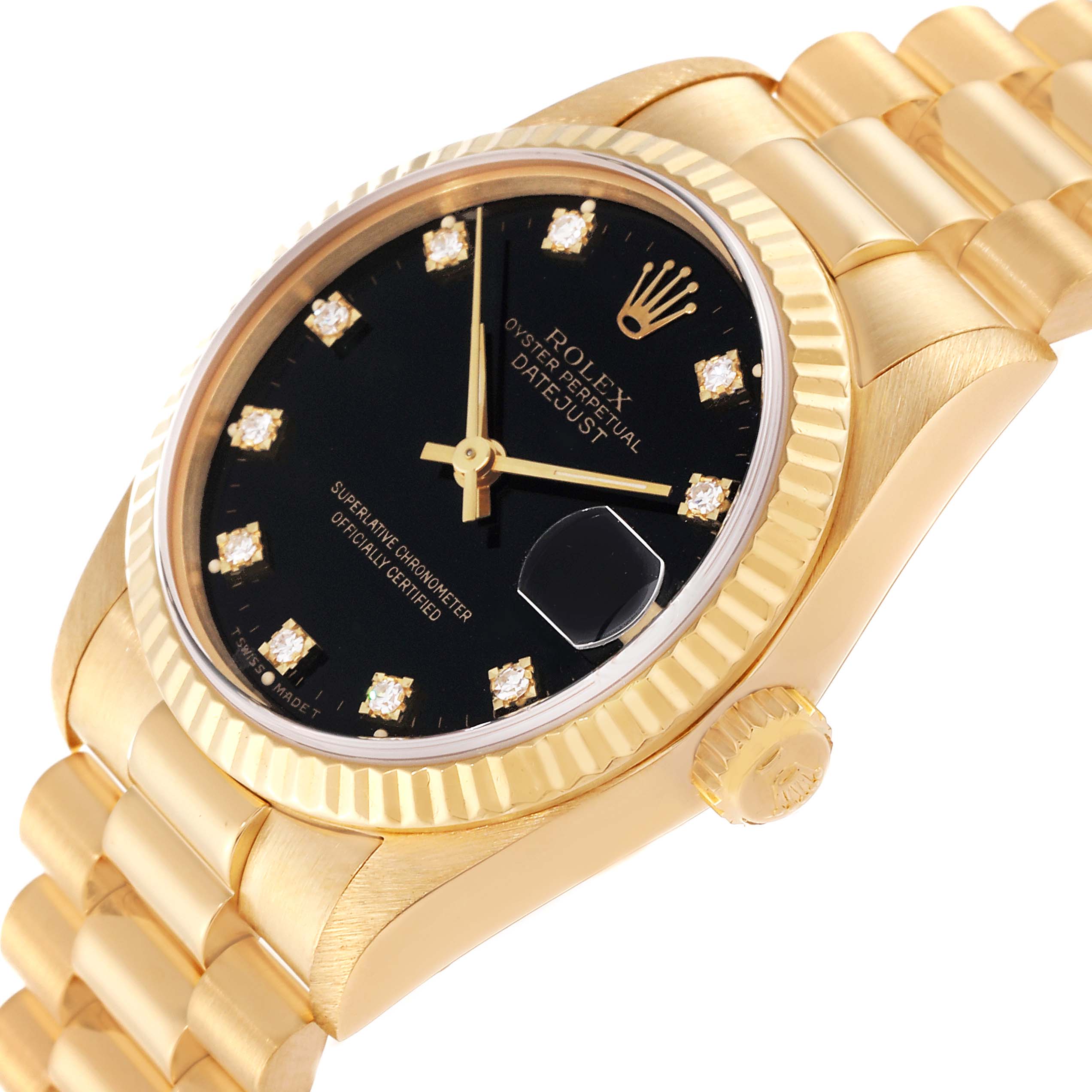 This image shows a Rolex President 68278G Women's Yellow Gold Black Dial 68278G Women's Yellow Gold Black Dial model watch at a slight angle, highlighting the black dial, diamond markers, fluted bezel, and part of the bracelet.