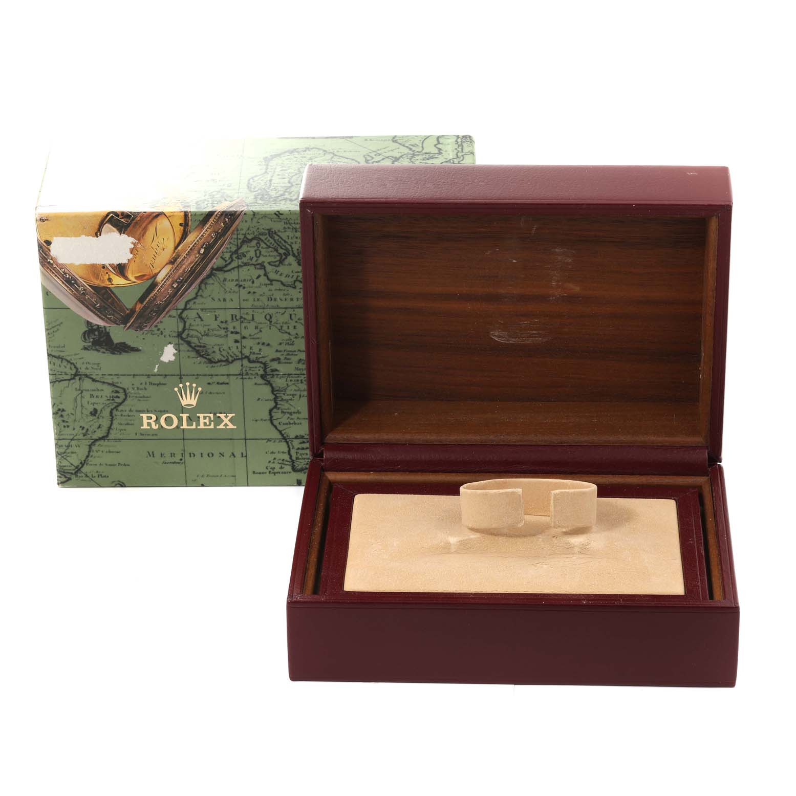 This image shows an open Rolex President 68278G Women's Yellow Gold Black Dial 68278G Women's Yellow Gold Black Dial model watch box and its outer packaging.