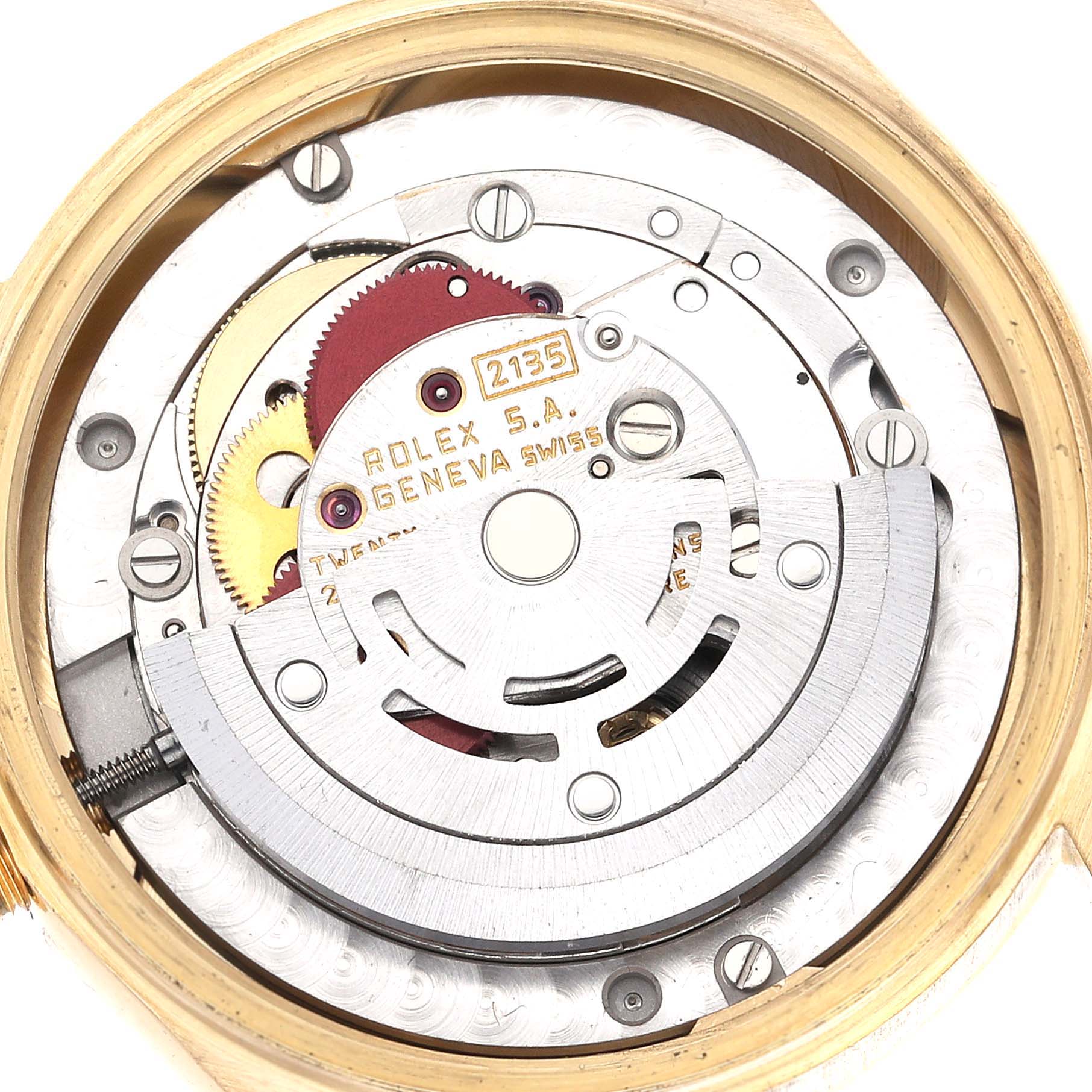 The image shows the internal mechanism of a Rolex President 68278G Women's Yellow Gold Black Dial 68278G Women's Yellow Gold Black Dial model watch, viewed from the back.