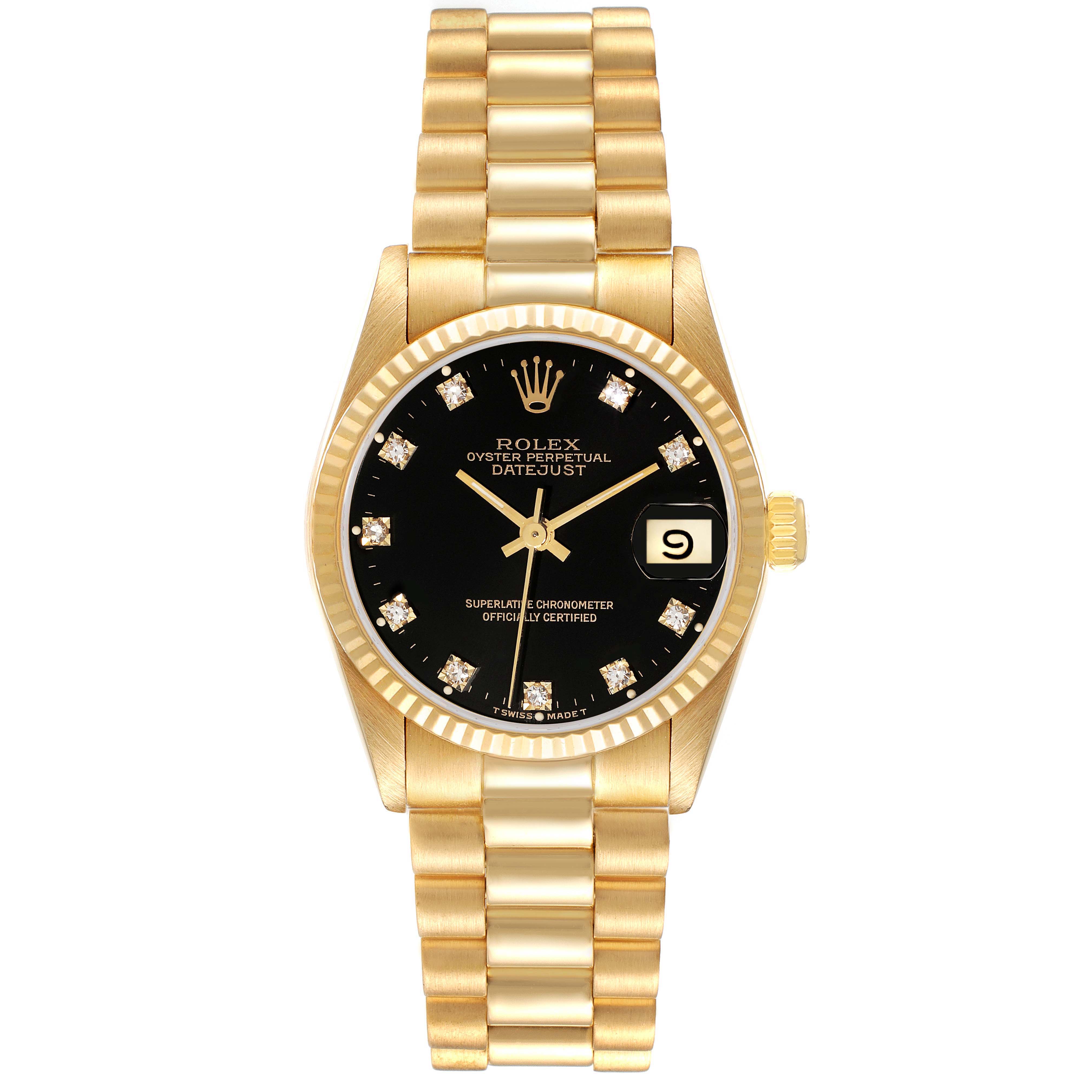 The image shows a front view of a Rolex President 68278G Women's Yellow Gold Black Dial 68278G Women's Yellow Gold Black Dial model watch with a black dial, diamond hour markers, and a gold bracelet.