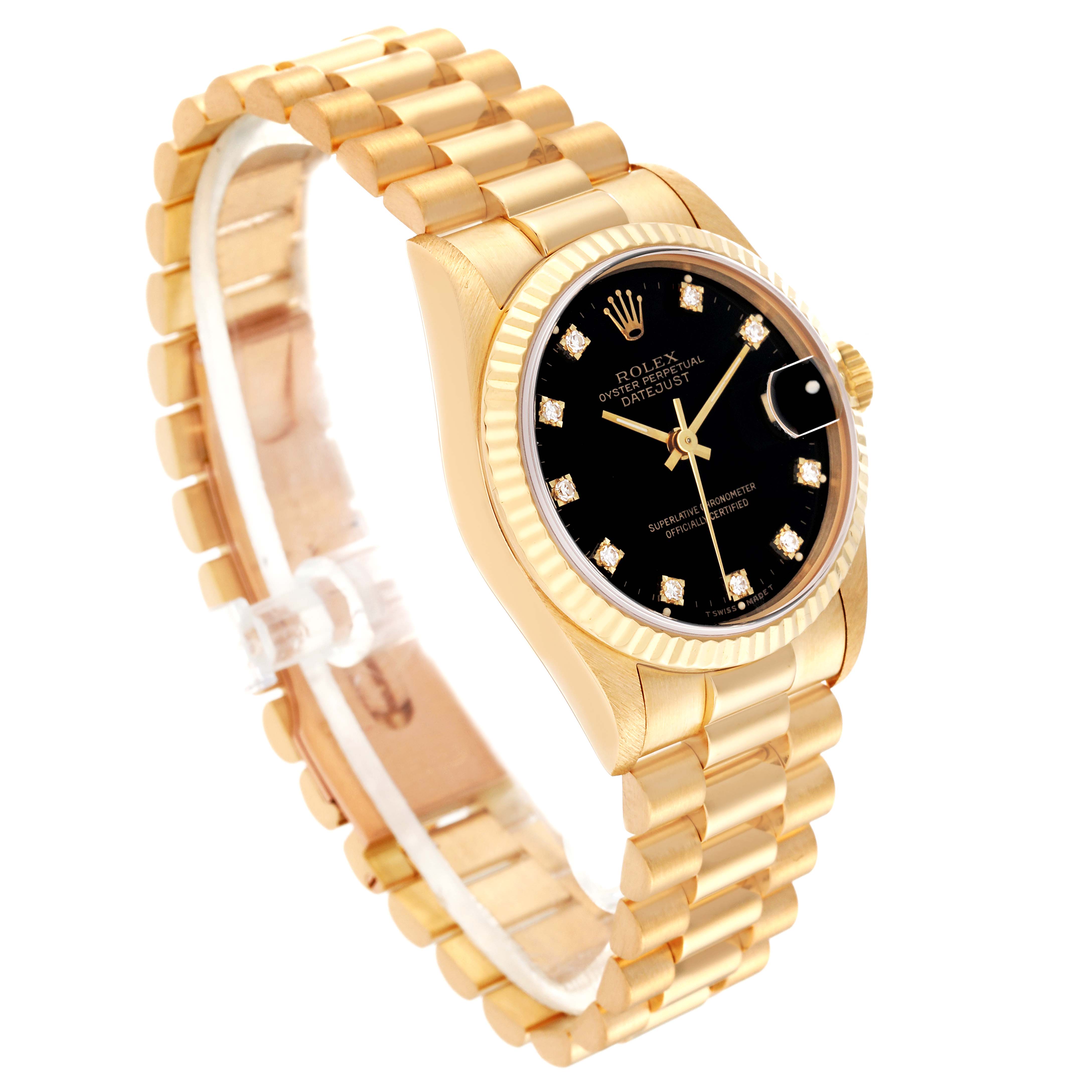 The image shows a side angle of a Rolex President 68278G Women's Yellow Gold Black Dial 68278G Women's Yellow Gold Black Dial model watch, highlighting the gold bracelet, black dial, and fluted bezel.