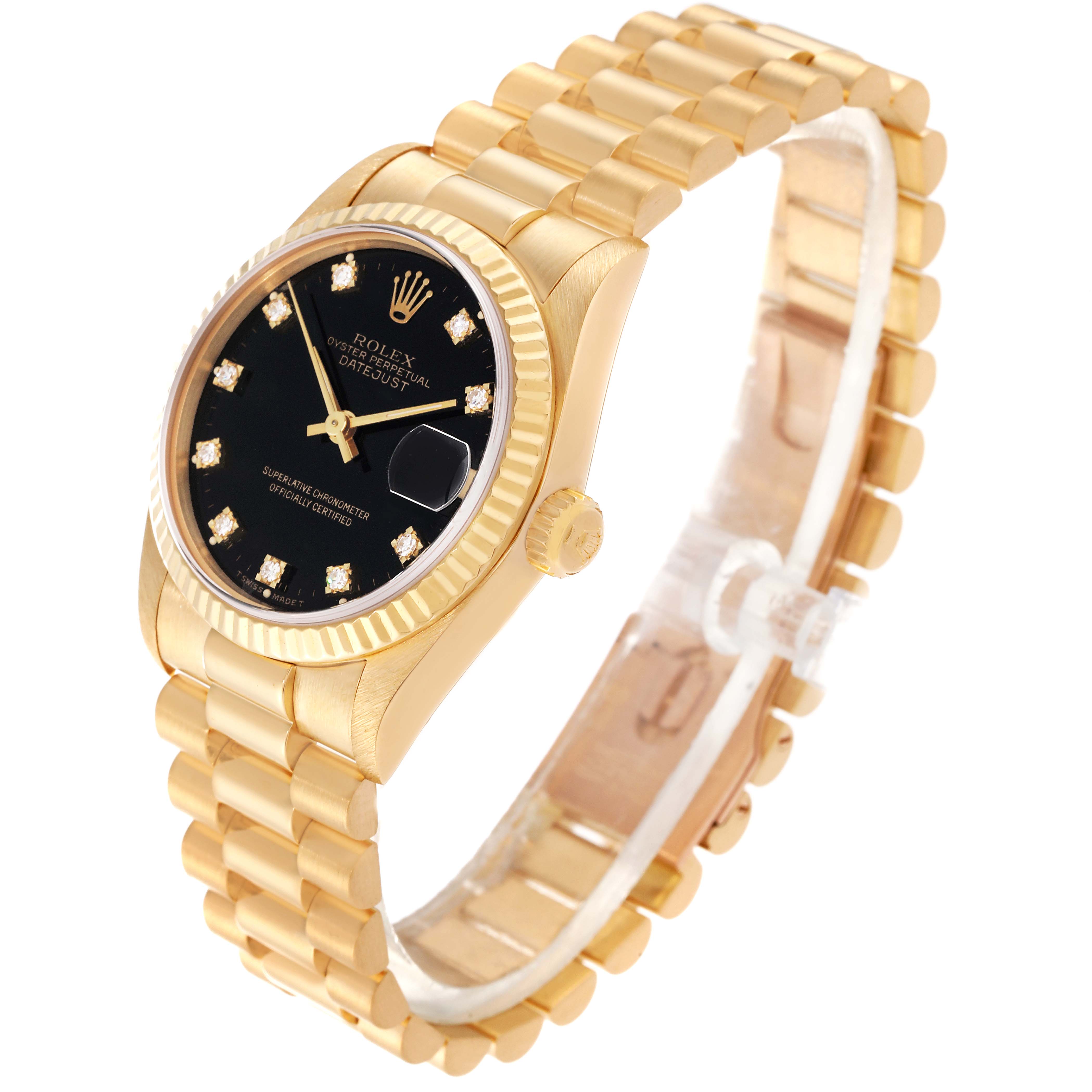 The image shows a Rolex President 68278G Women's Yellow Gold Black Dial 68278G Women's Yellow Gold Black Dial model watch from a top-angle, highlighting its gold band and black dial with diamond markers.