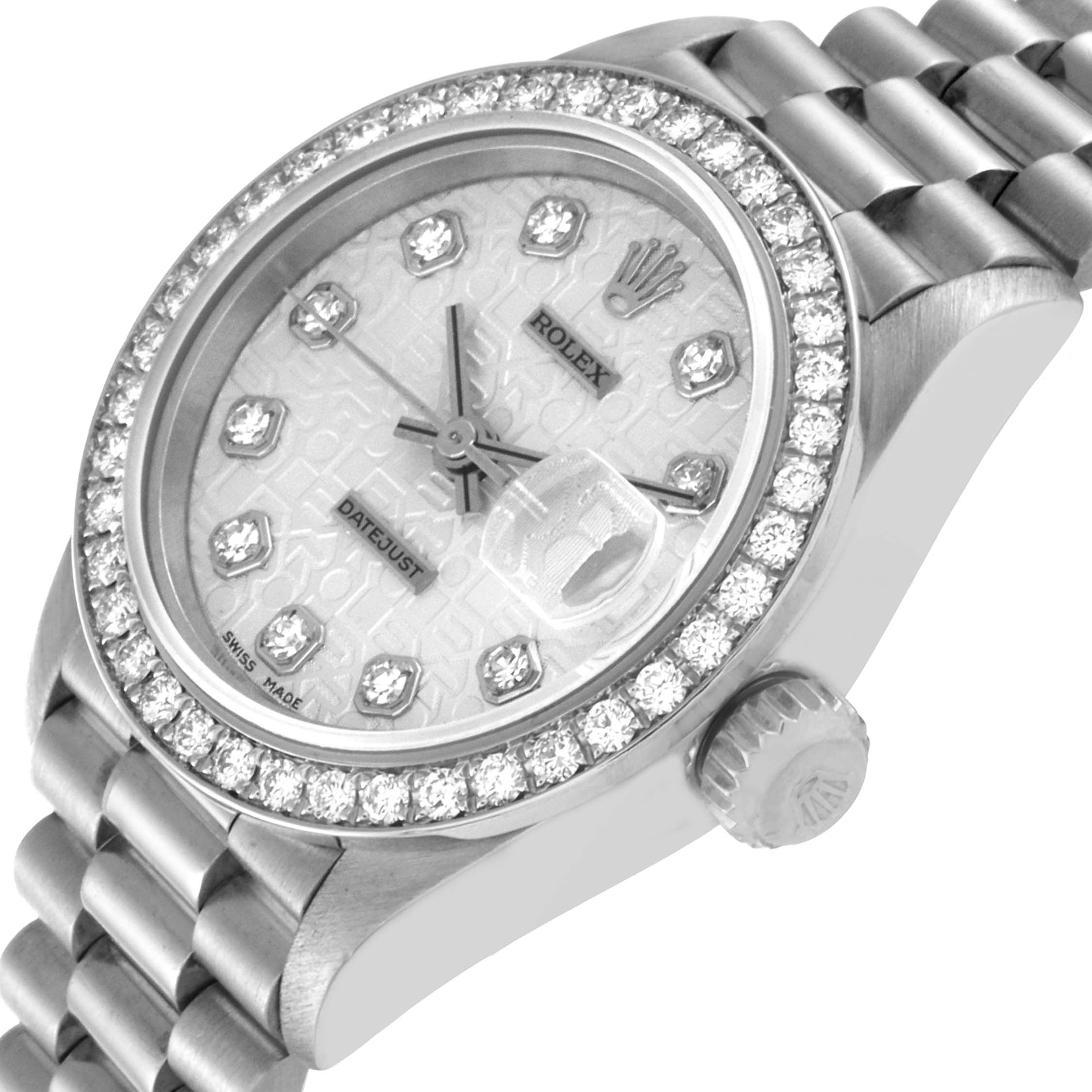 The image shows a Rolex President 69136 Women's Platinum Silver Dial 69136 Women's Platinum Silver Dial model watch face at an angle, highlighting the dial, bezel, crown, and bracelet.