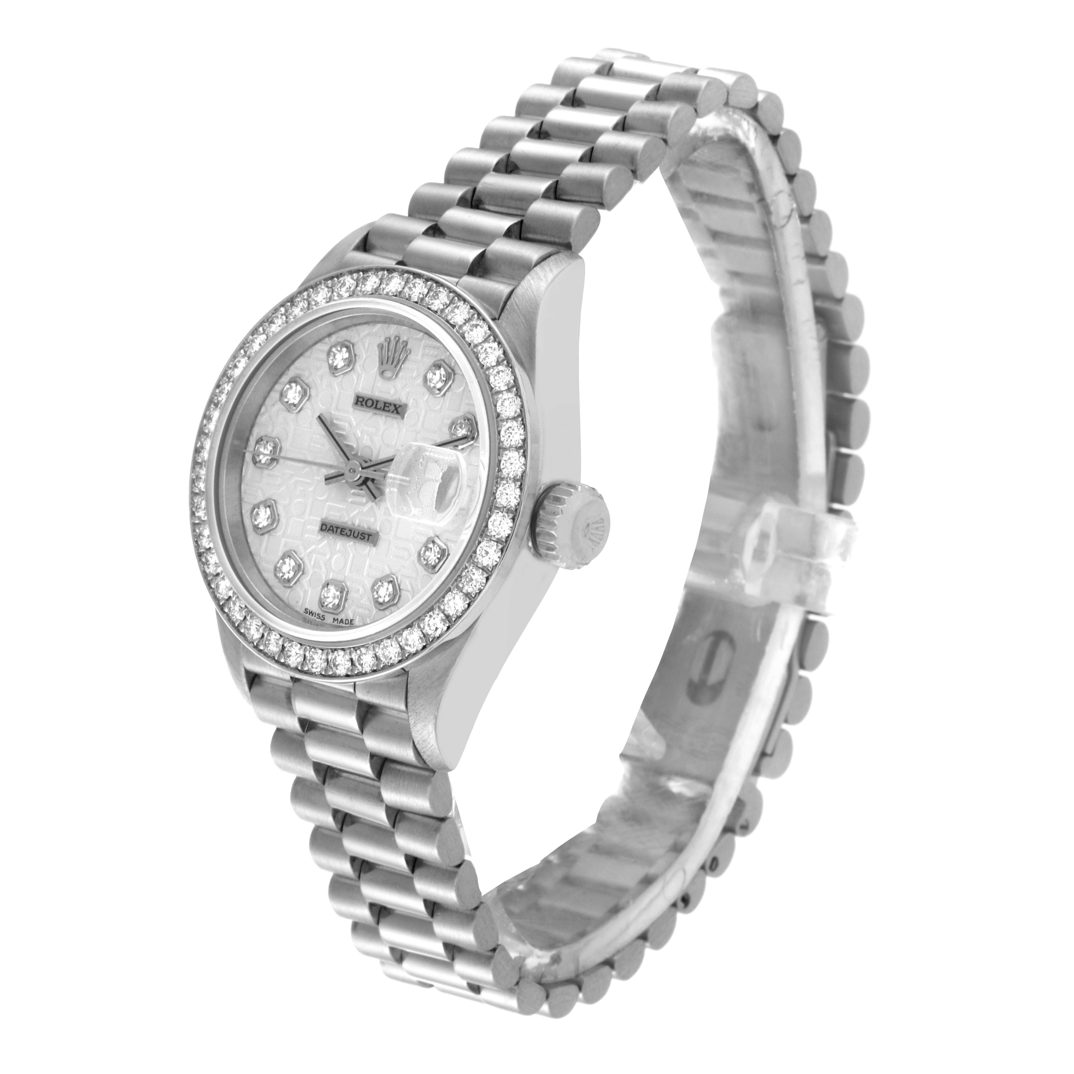 The Rolex President 69136 Women's Platinum Silver Dial 69136 Women's Platinum Silver Dial model watch is shown at a slight angle, displaying its bracelet, dial, bezel, and crown.