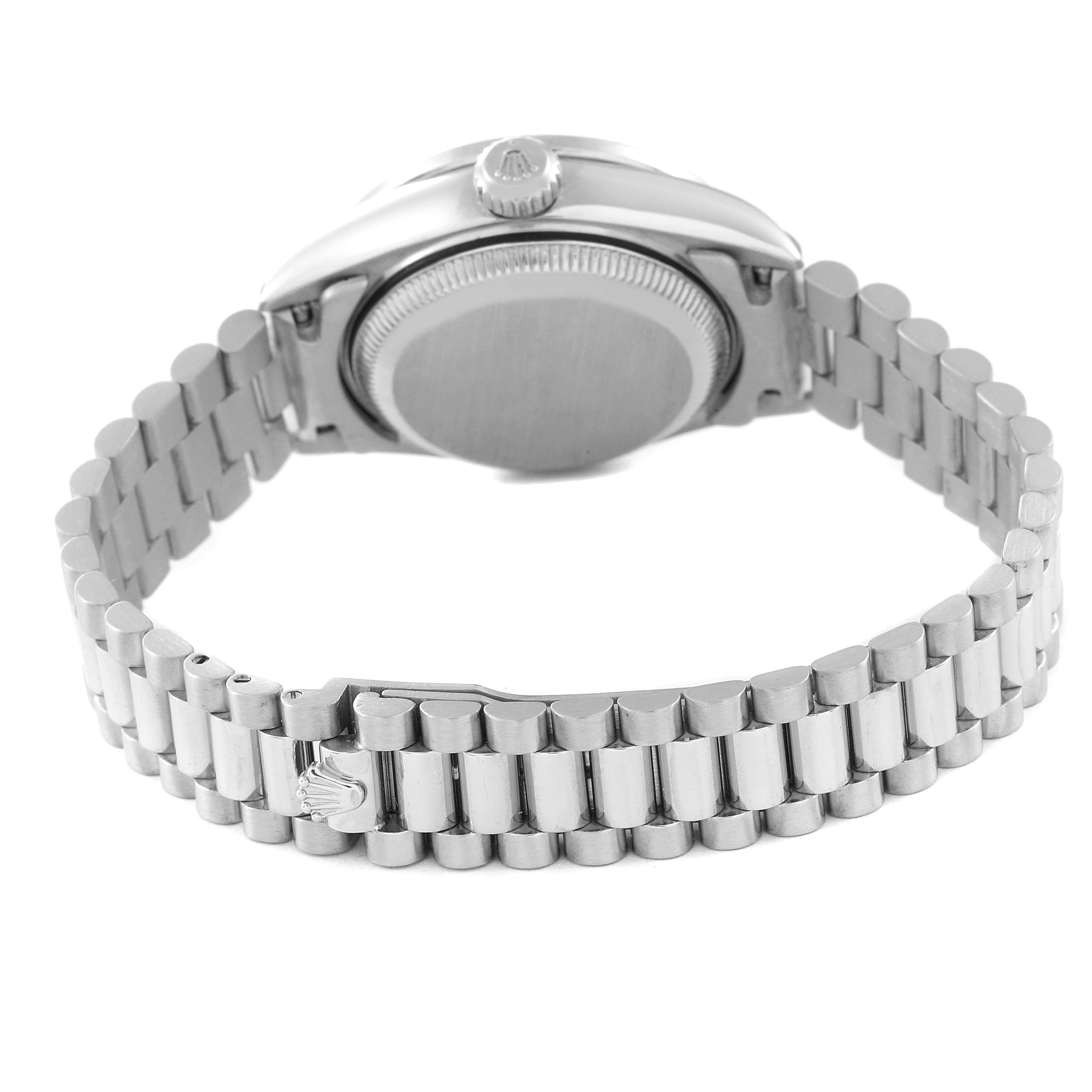 This image shows the back case and bracelet of a Rolex President 69136 Women's Platinum Silver Dial 69136 Women's Platinum Silver Dial model watch from a rear angle.