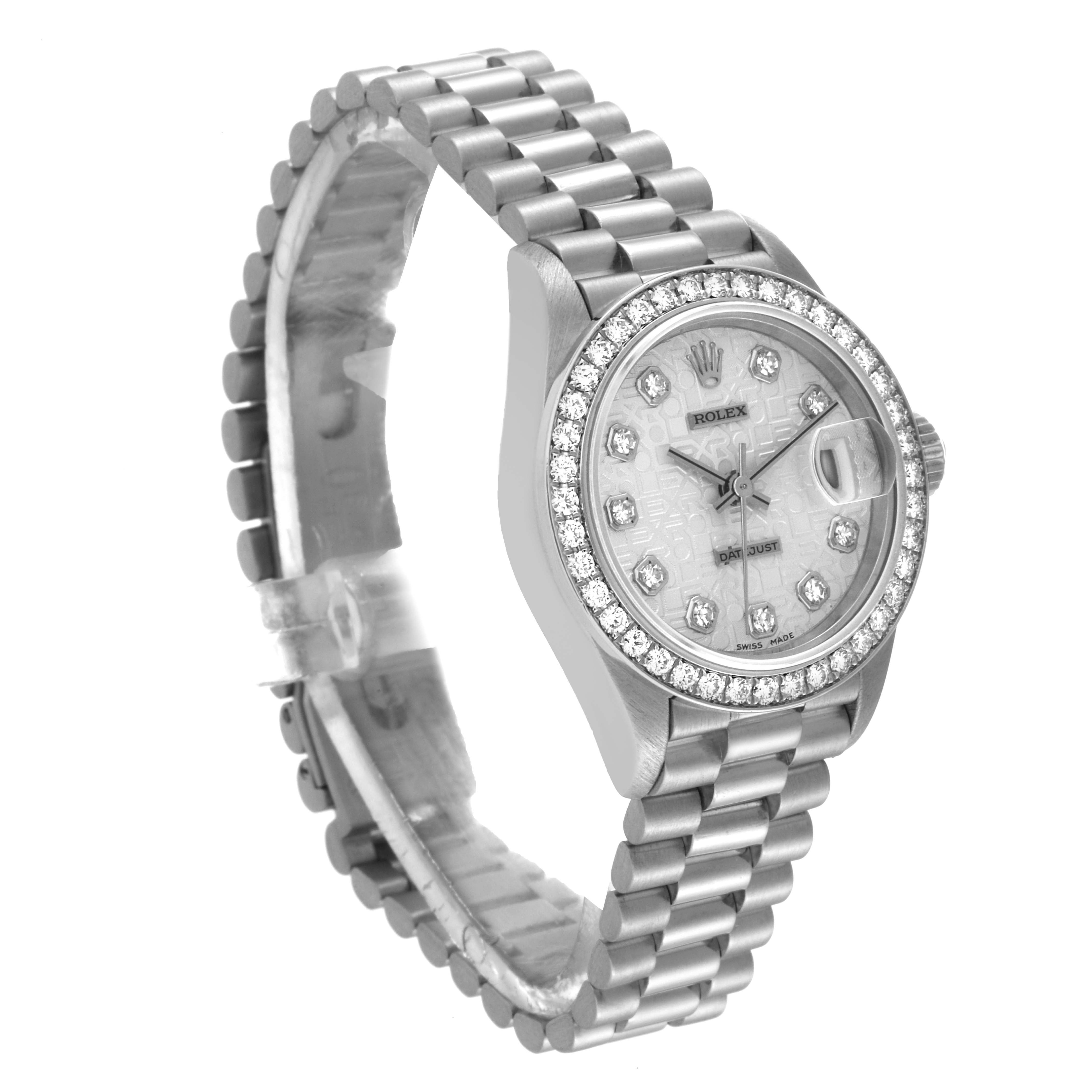 The Rolex President 69136 Women's Platinum Silver Dial 69136 Women's Platinum Silver Dial model watch is shown at an angle highlighting the face, bezel, and bracelet.