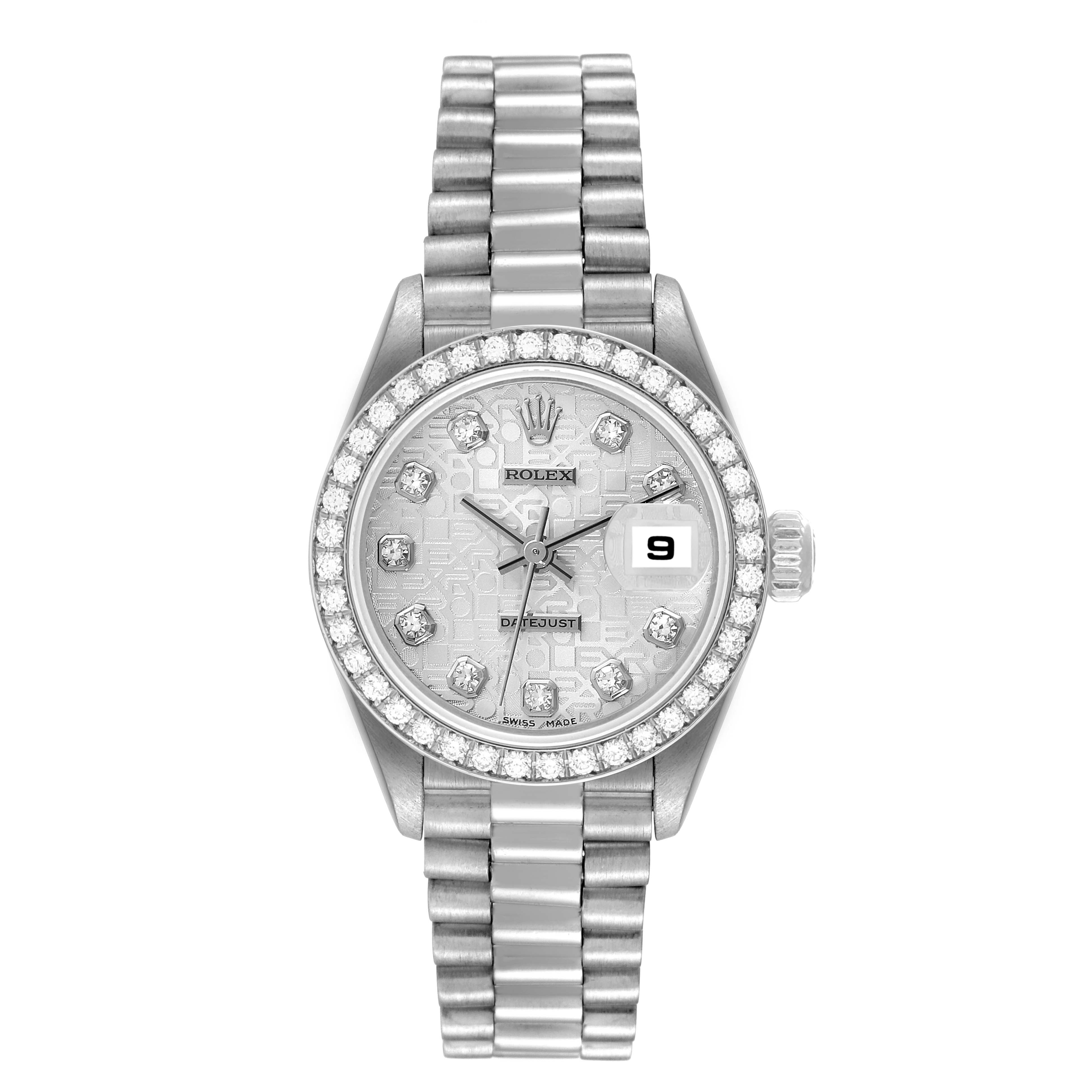 This image shows a Rolex President 69136 Women's Platinum Silver Dial 69136 Women's Platinum Silver Dial model watch from a front angle, displaying the dial, bezel, case, and bracelet.