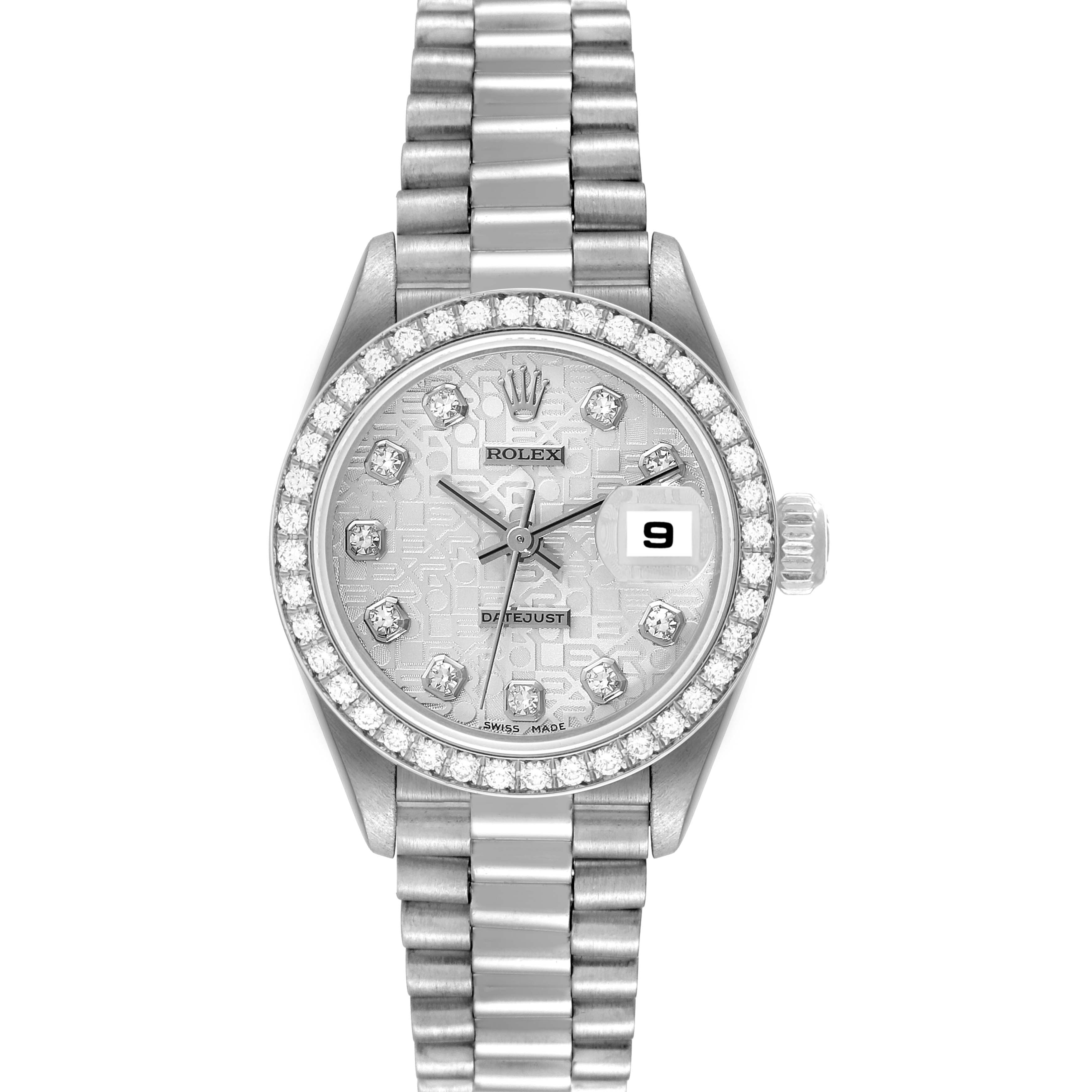 The image shows a Rolex President 69136 Women's Platinum Silver Dial 69136 Women's Platinum Silver Dial model watch from the top, displaying the dial, bracelet, and date window.