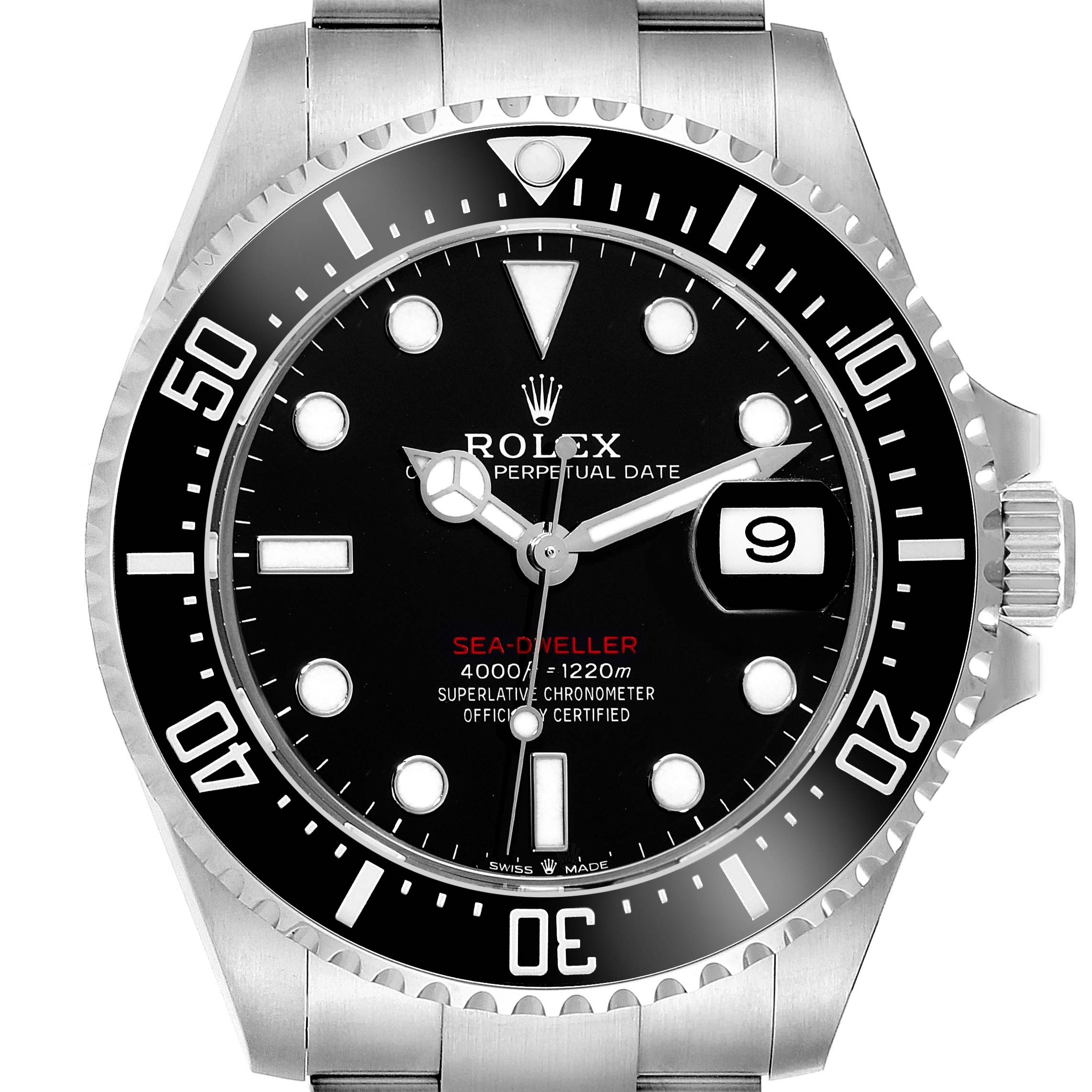 This image shows a frontal view of the Rolex Sea-Dweller 126600 Men
s Stainless Steel Black Dial 126600 Men
s Stainless Steel Black Dial watch, highlighting its black dial, bezel, and date feature.