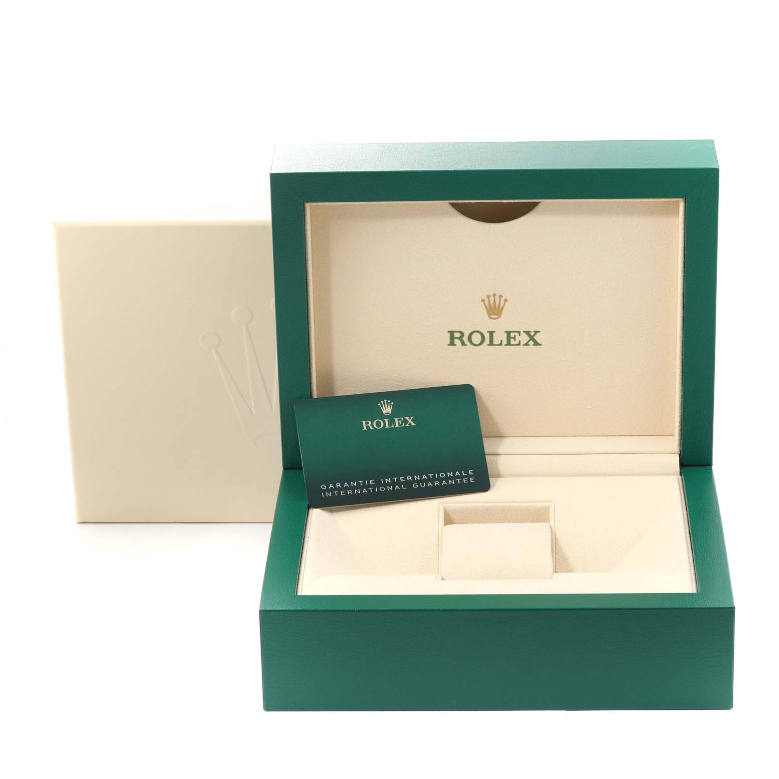 This image shows the open box and international guarantee card for a Rolex Sea-Dweller 126600 Men
s Stainless Steel Black Dial 126600 Men
s Stainless Steel Black Dial watch.